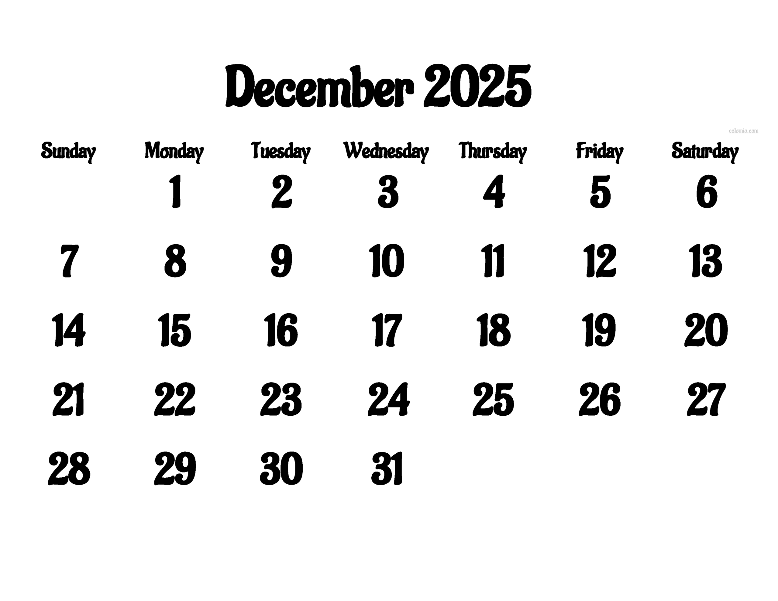 2025 December Calendar