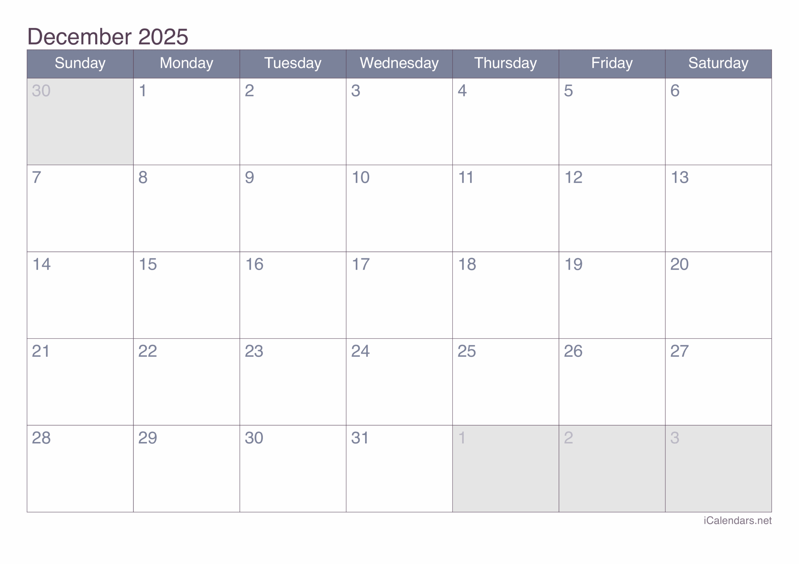 Blank December 2025 Calendar Printable Pdf