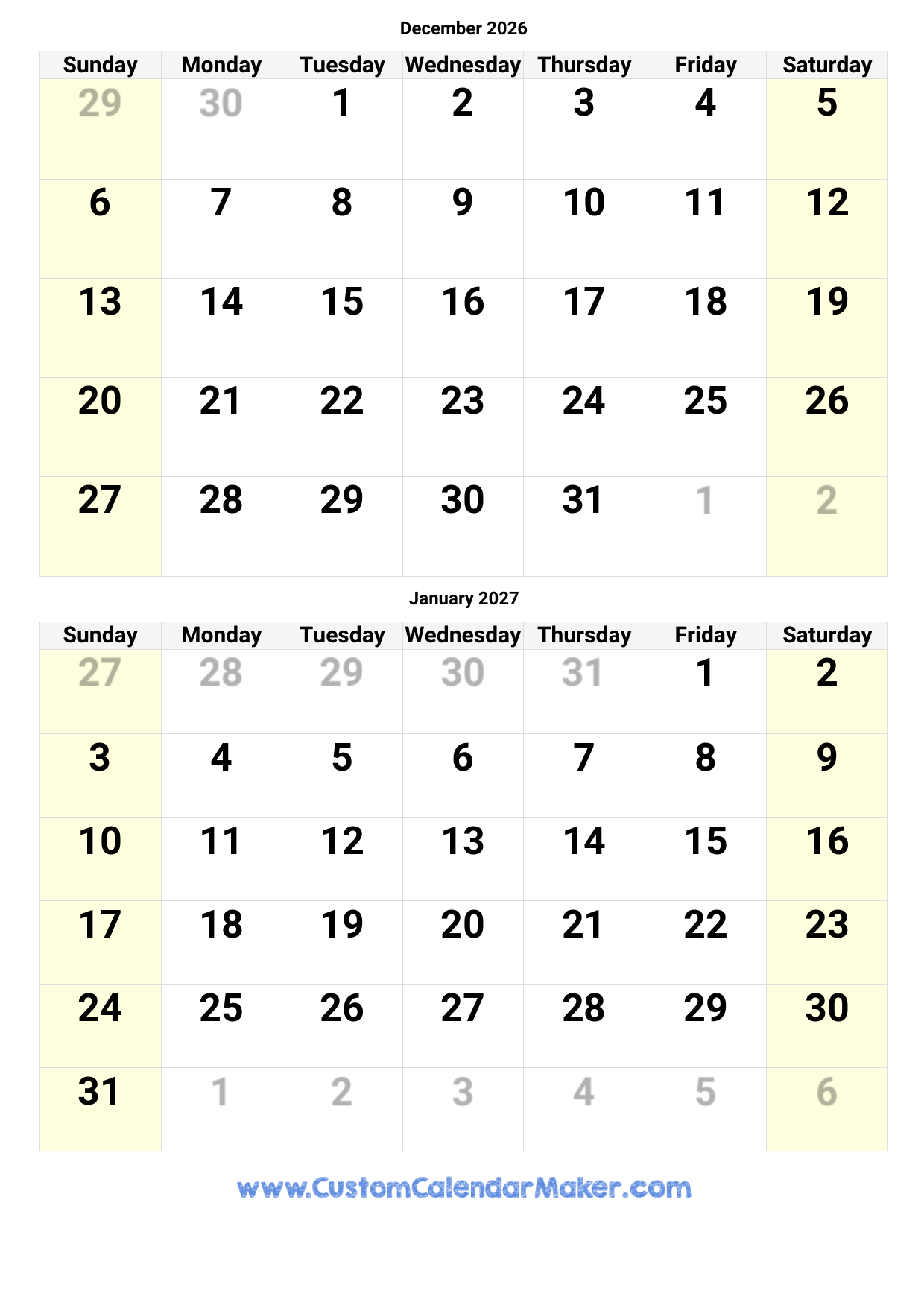 December 2026 And January 2026 Calendar