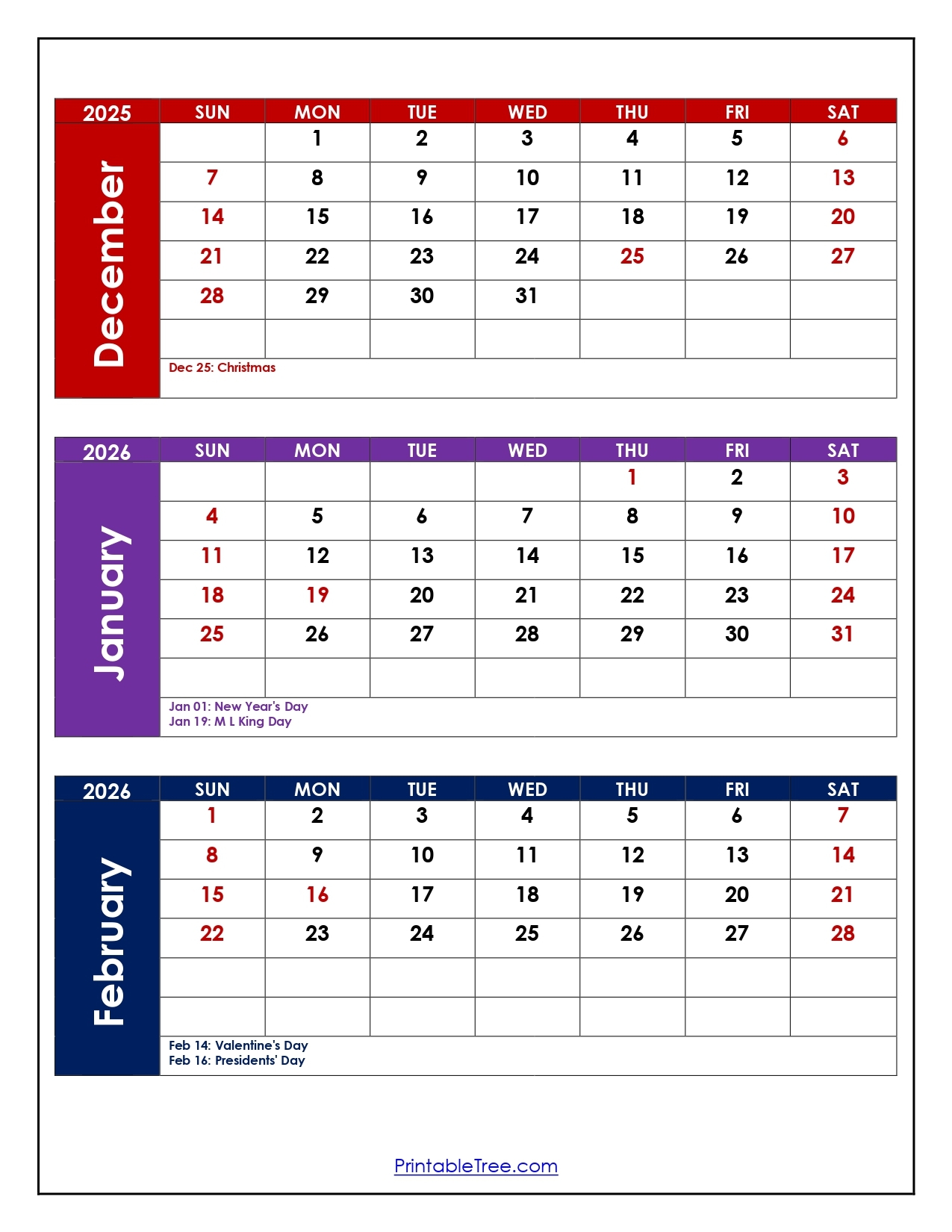 December To February 2026 Calendar Printable PDF Three Months 