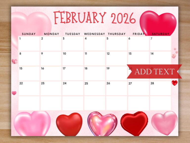 Editable February 2026 Calendar Printable Valentine s Day Calendar W Hearts Kids School Schedule Cute Heart Monthly Calendar Pink Etsy Australia