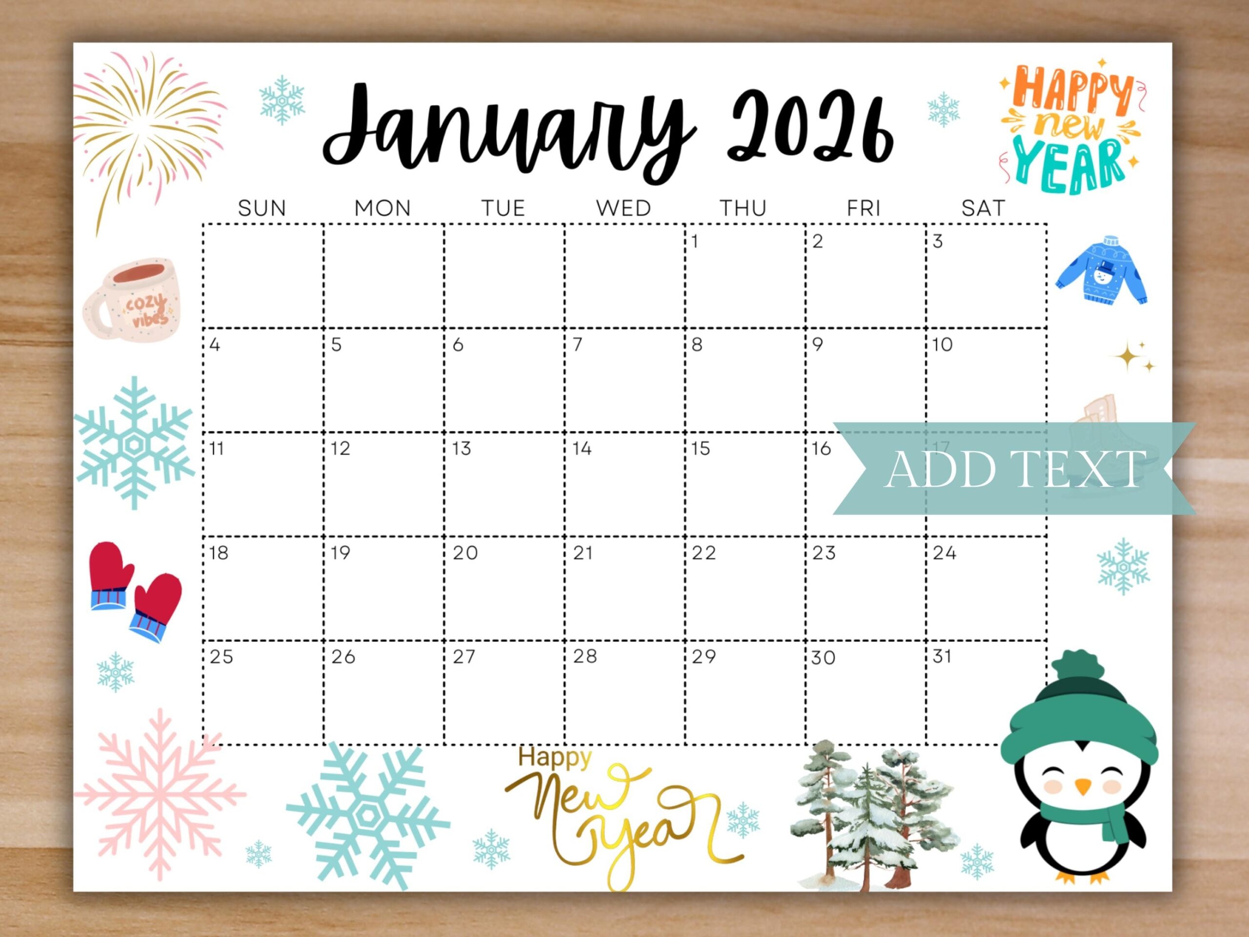 Editable January Calendar 2026 Printable Wall Calendar 2026 