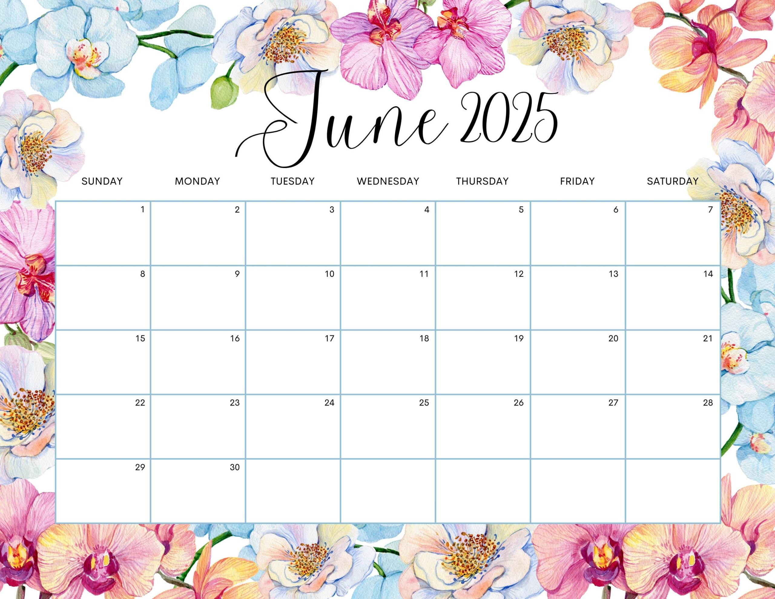 EDITABLE June 2025 Calendar Beautiful Spring Wall Calendar 2025 