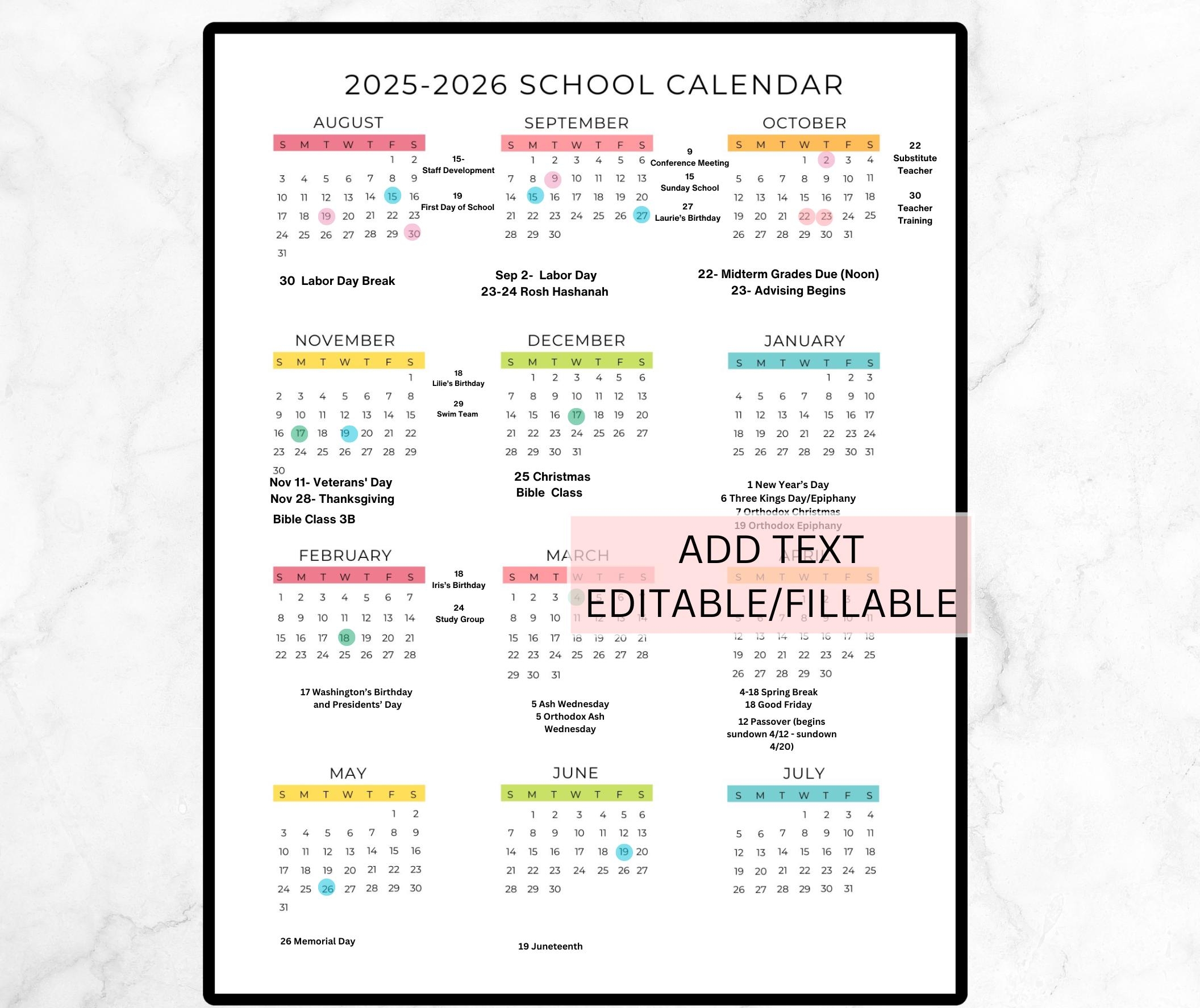 Editable School Year Calendar 2025 2026 School Calendar Printable 2025 2026 Academic Year At a glance Calendar Digital Download Preschool Etsy