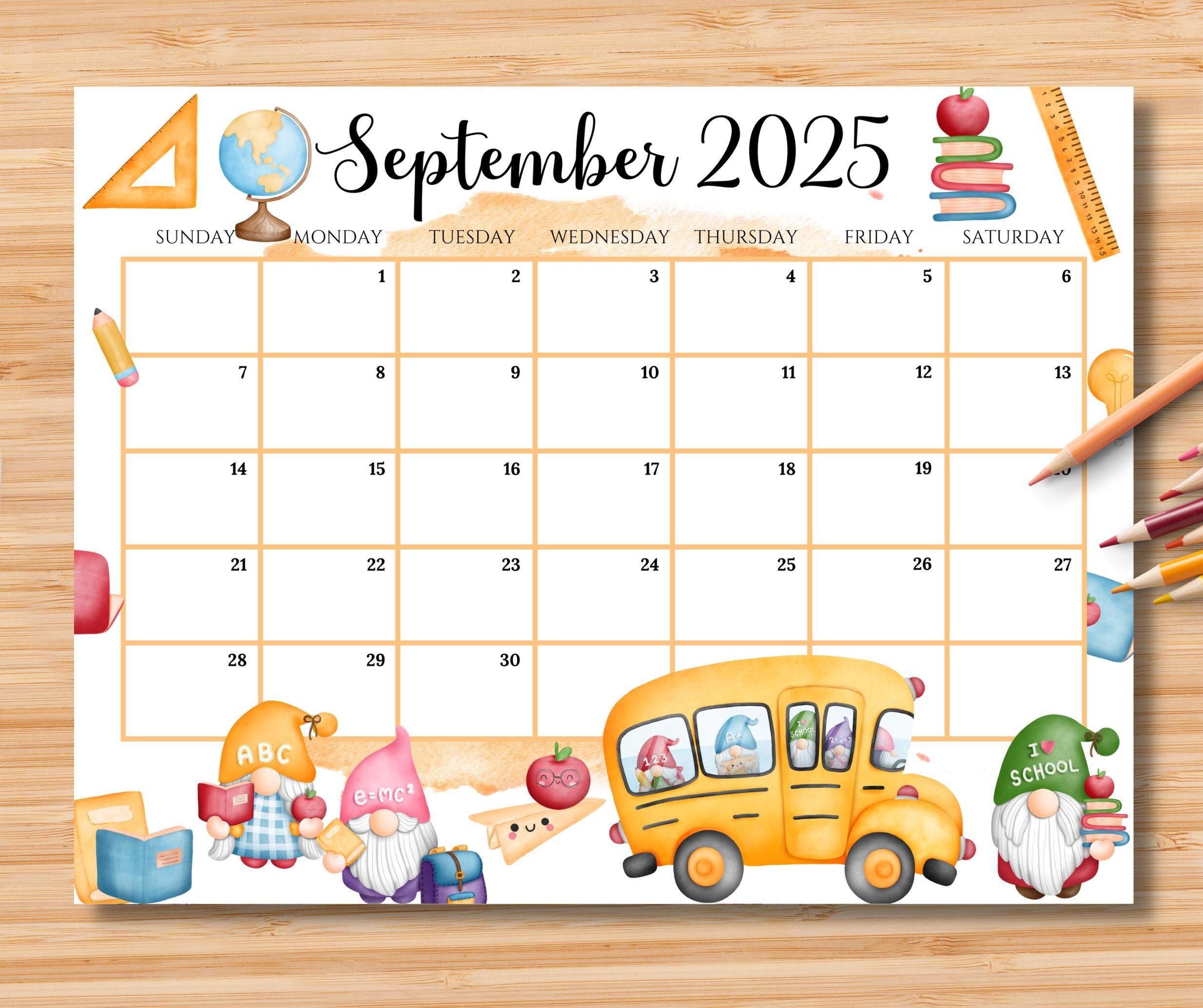 EDITABLE September 2025 Calendar Back To School Planner With Cute Gnomes Printable Classroom Calendar Kids School Homeschool Schedule