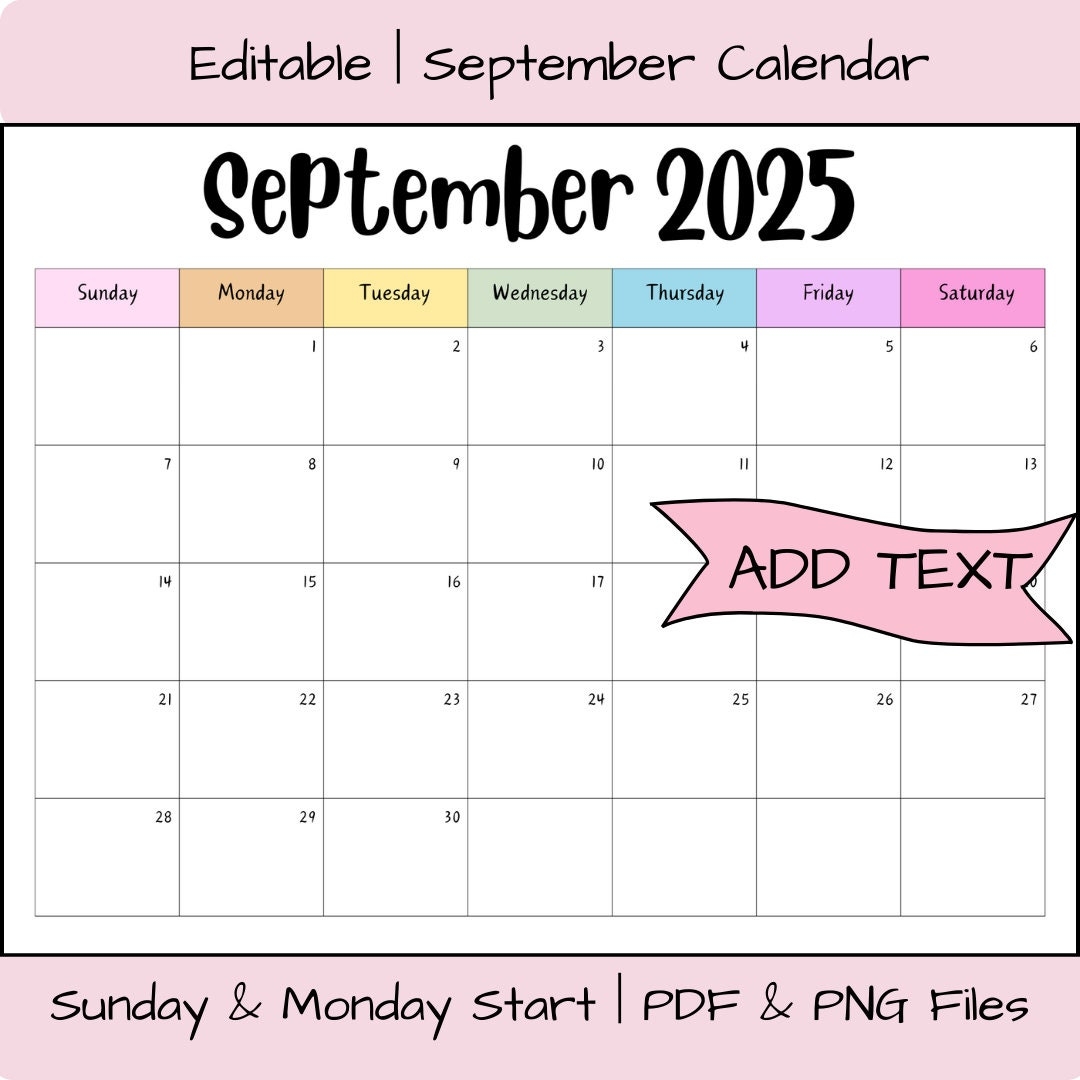 Editable September 2025 Calendar Printable Digital Download Wall Calendar Planner Fall Calendar Rainbow School Planner