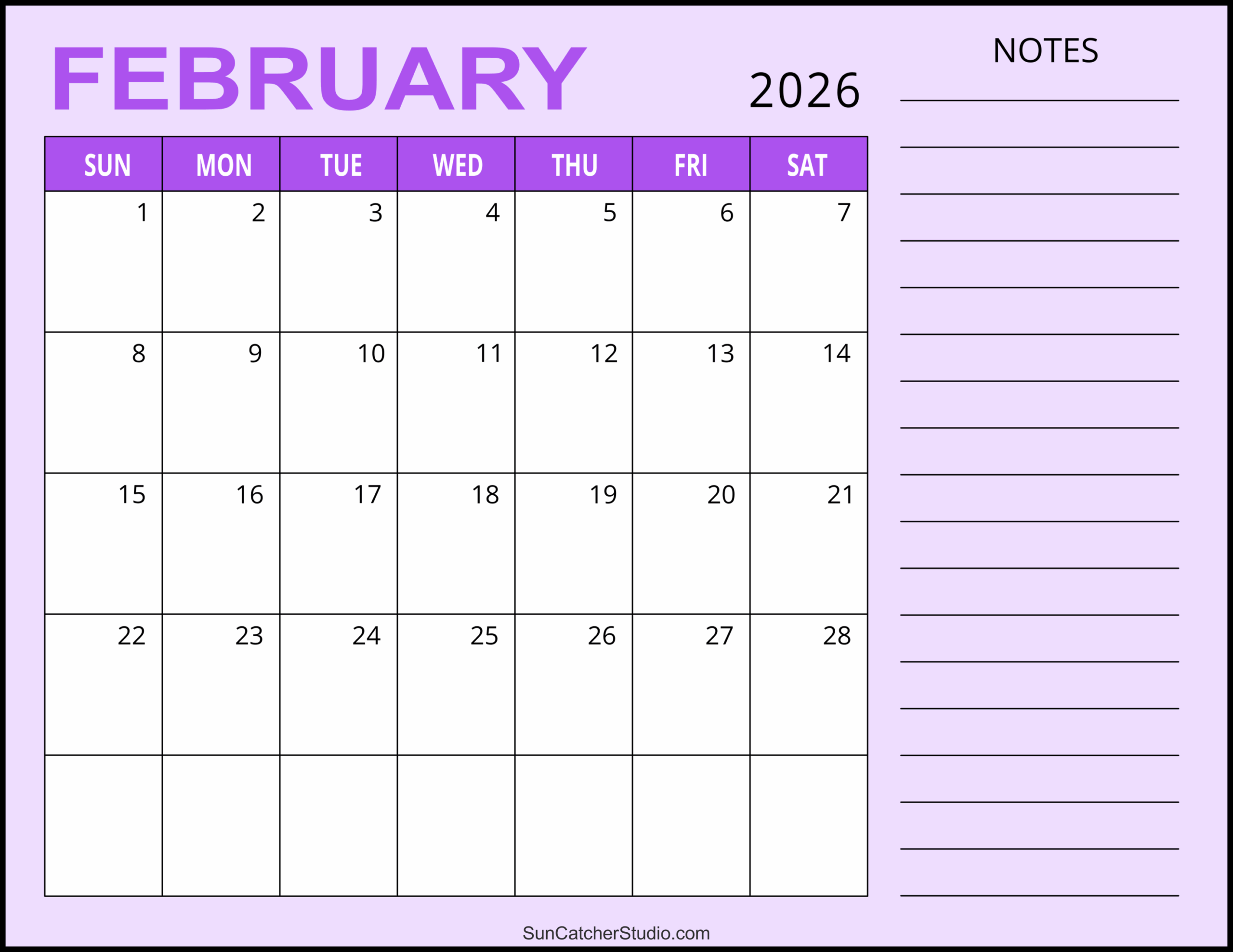 February 2026 Calendar With Notes