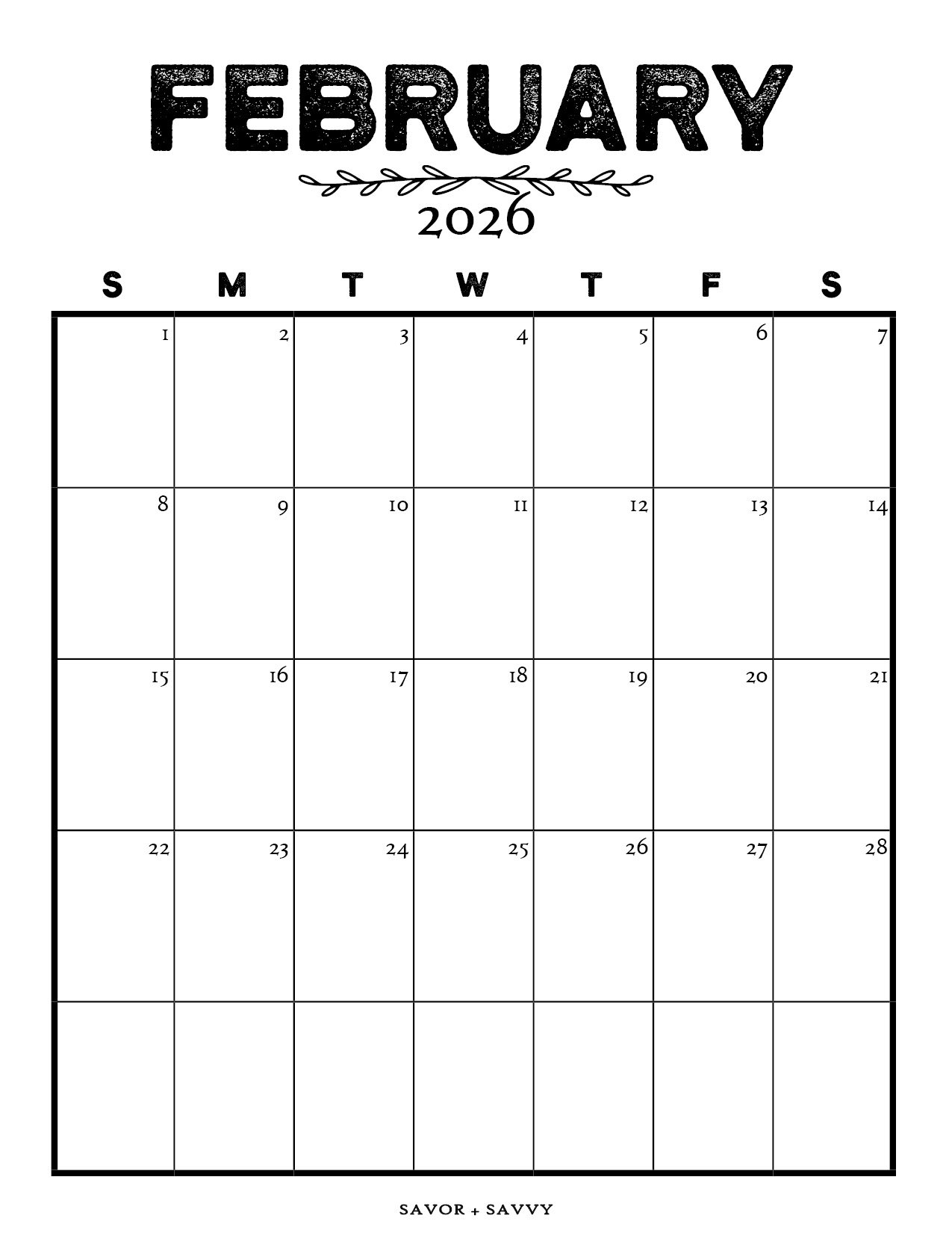 February 2026 Calendar Portrait