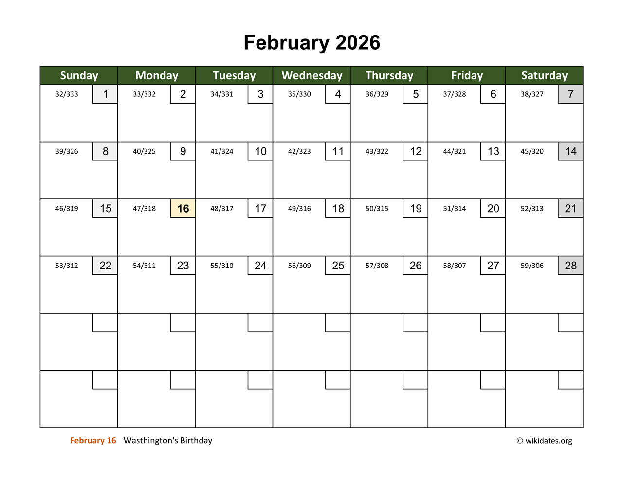 February 2026 Calendar With Day Numbers WikiDates