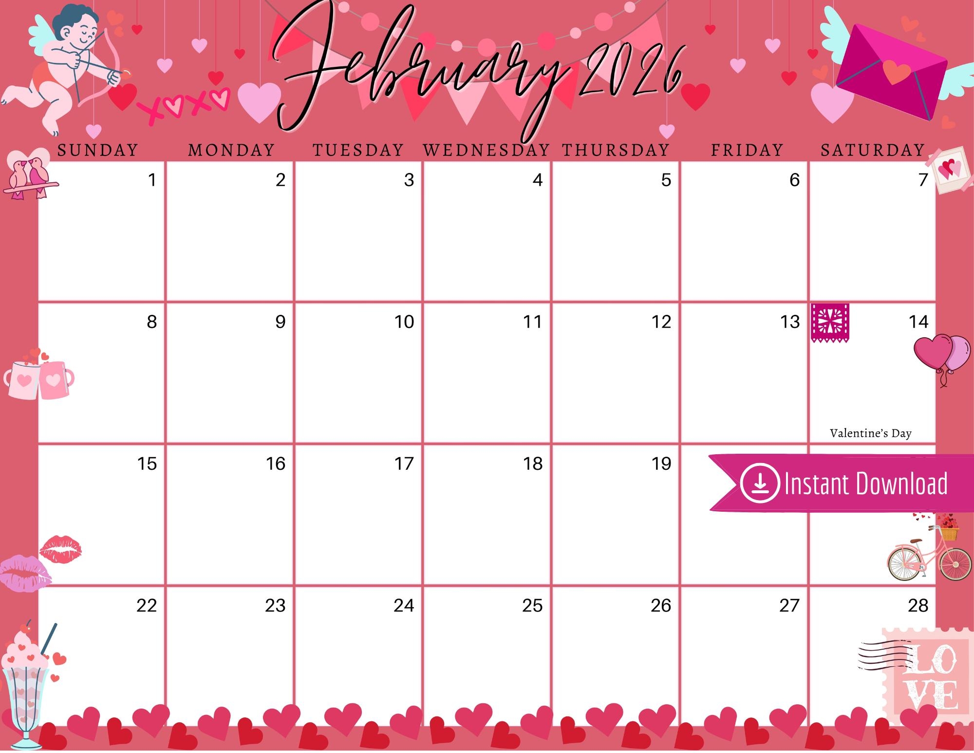 February 2026 Digital Calendar Red Valentine s Day Planner