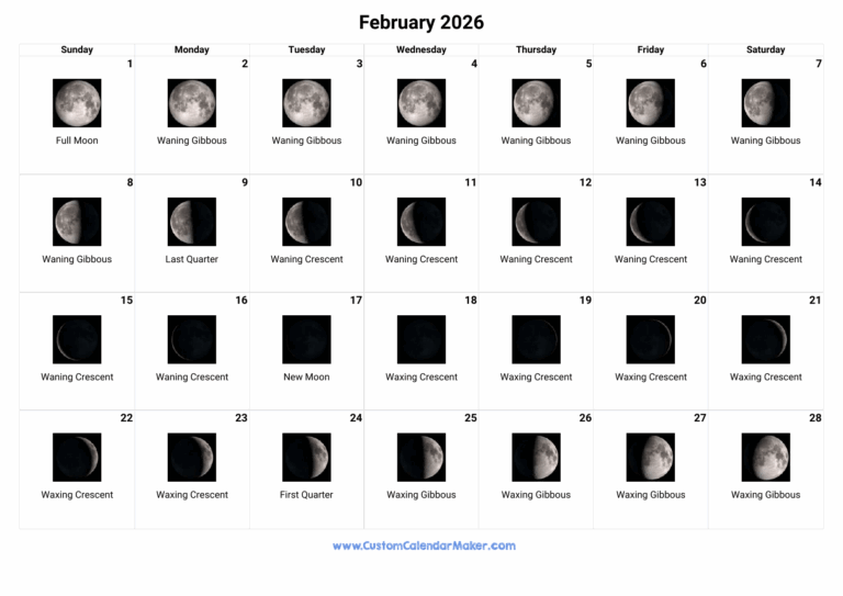 February 2026 Moon Phases Calendar Custom Calendar Maker