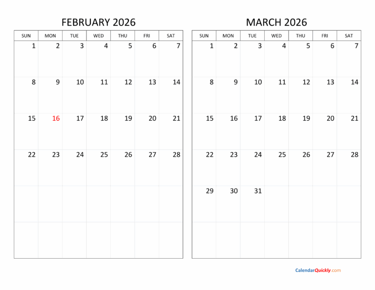 February And March 2026 Calendar Calendar Quickly