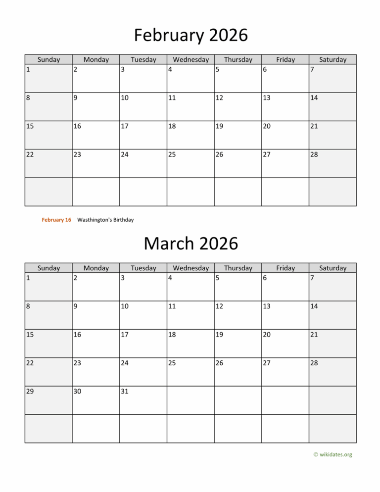 February And March 2026 Calendar WikiDates