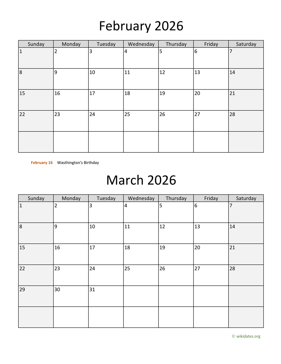 Calendar Feb March April 2026