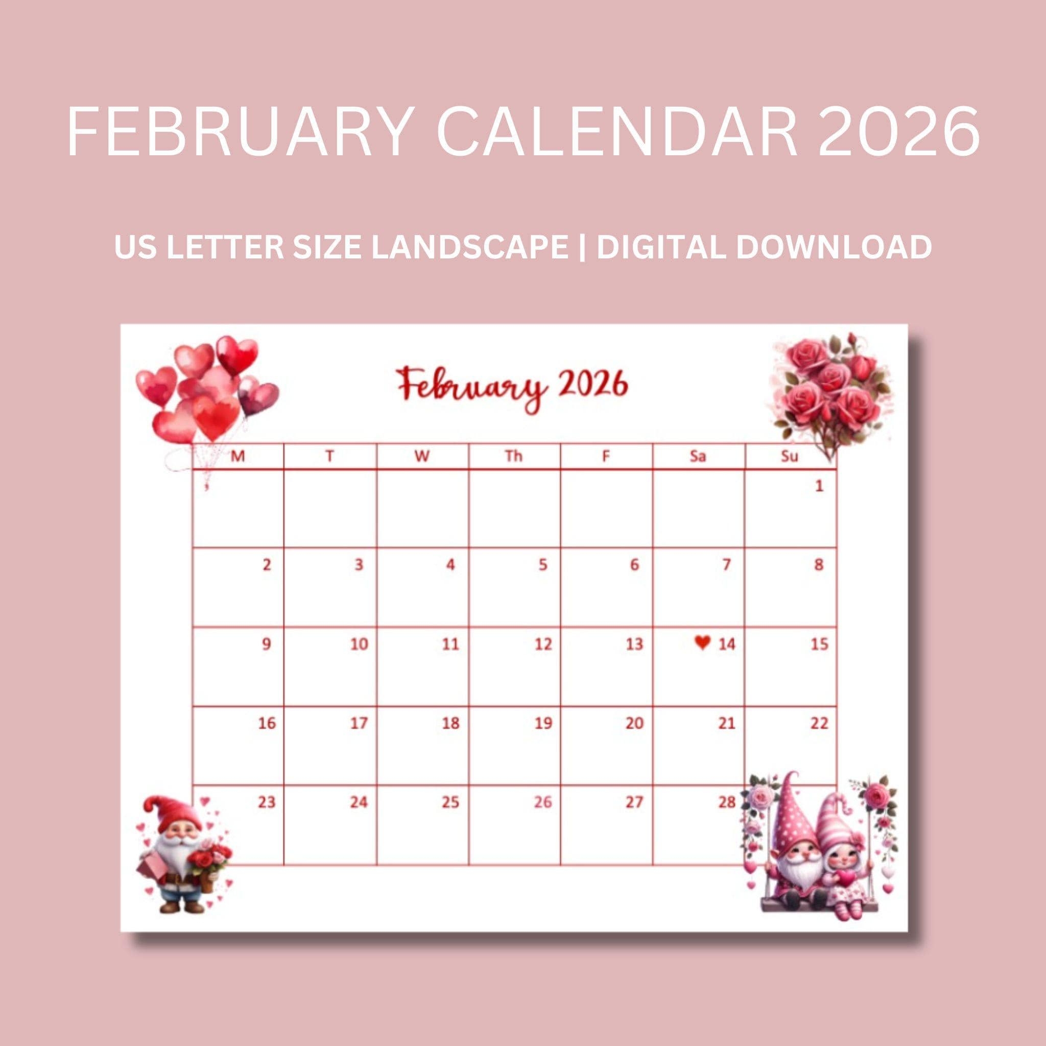February Calendar 2026 February Calendar Downloadable Calendar 2026 Valentines Day Calendar Valentines Day Gnome Monday Start Calendar Etsy