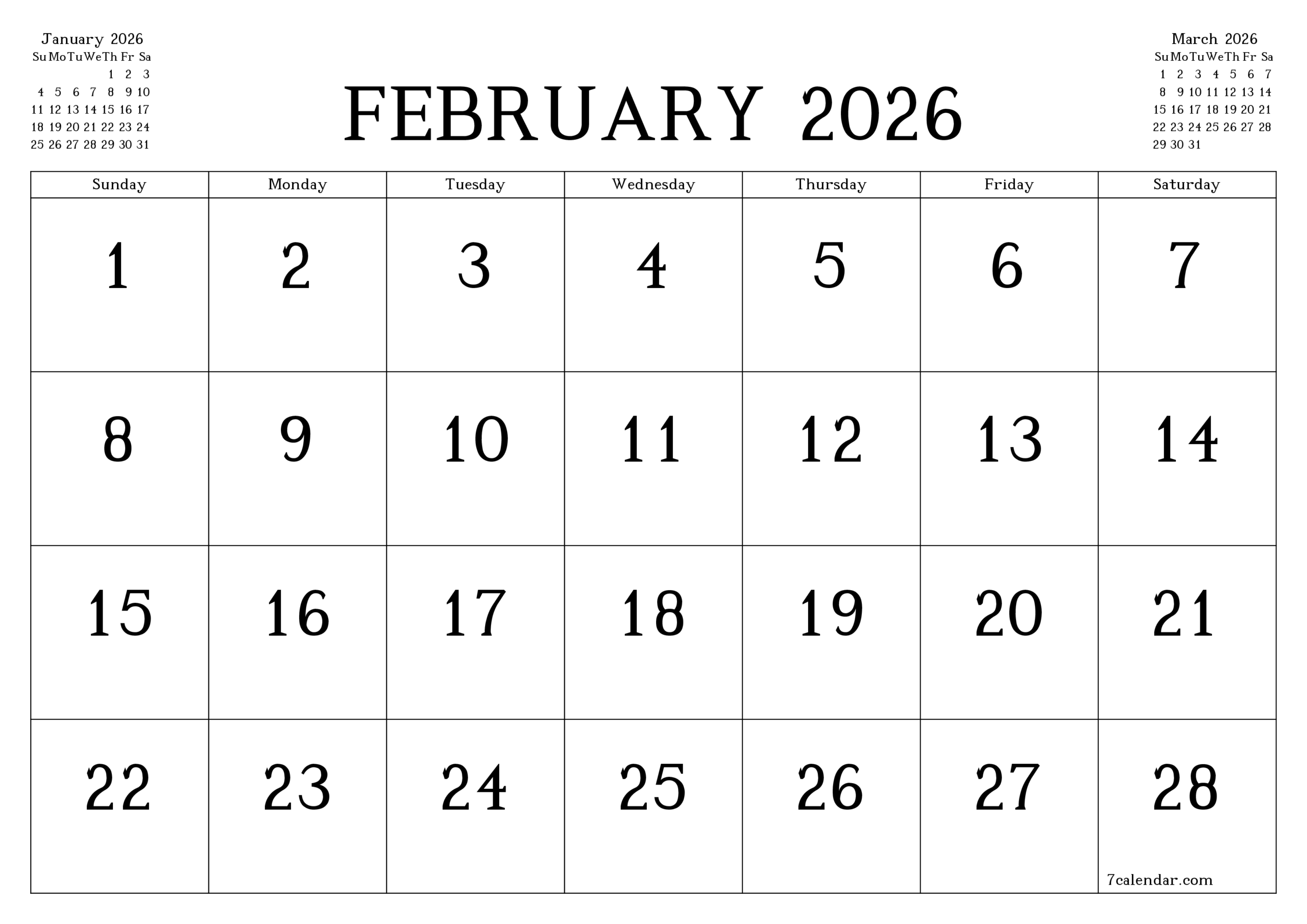 February Vertical Calendar 2026