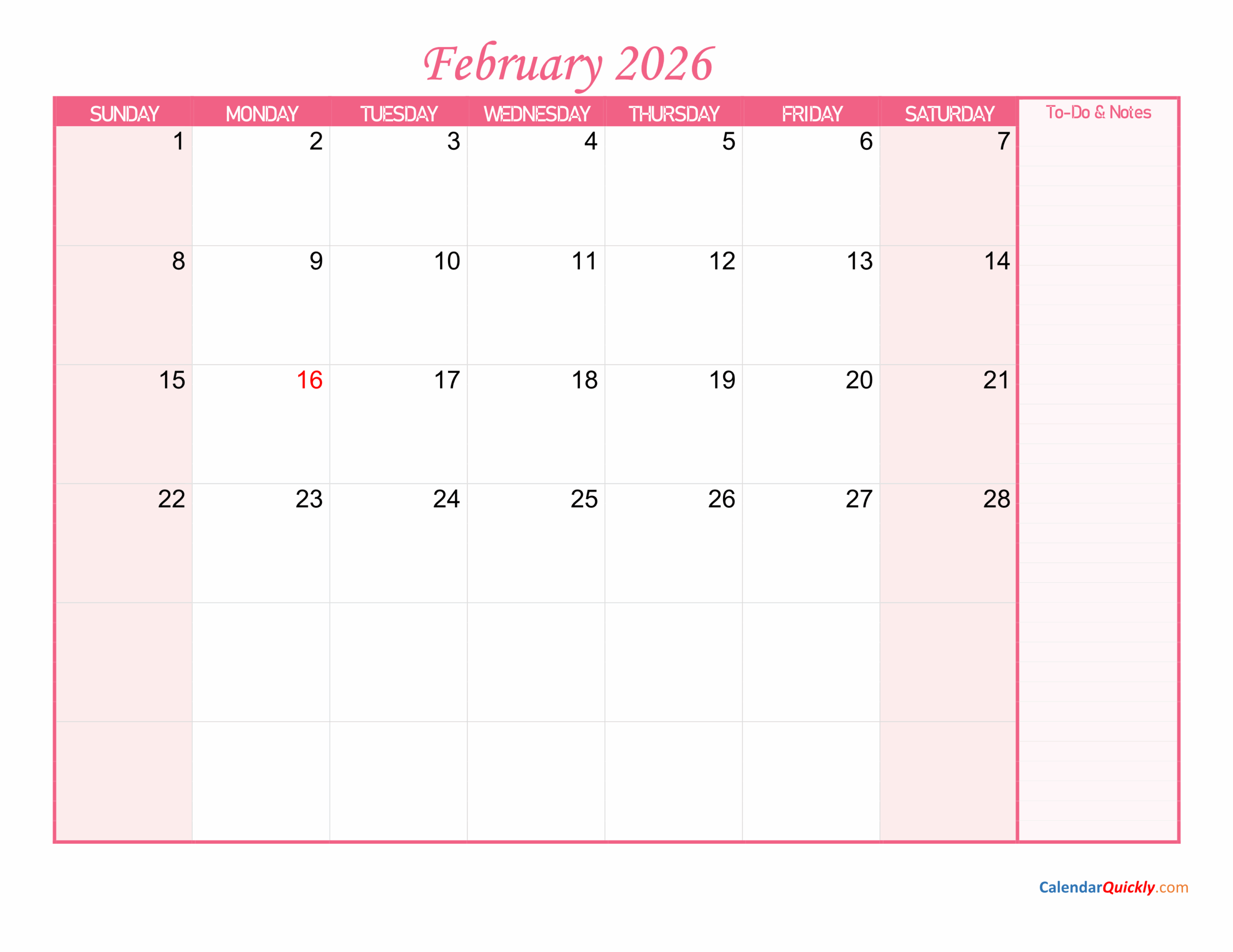 February Calendar 2026 With Notes Calendar Quickly