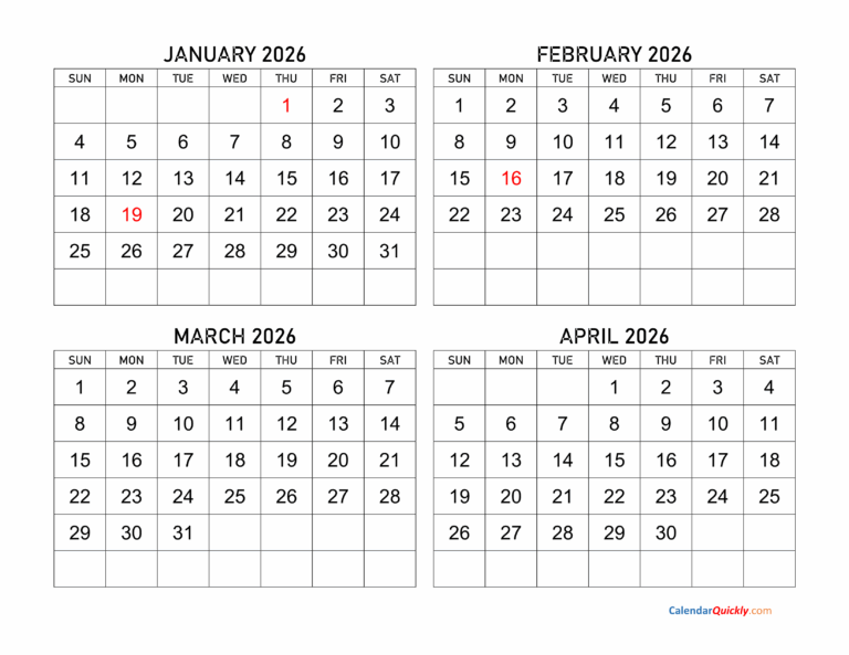 Four Months 2026 Calendar Calendar Quickly