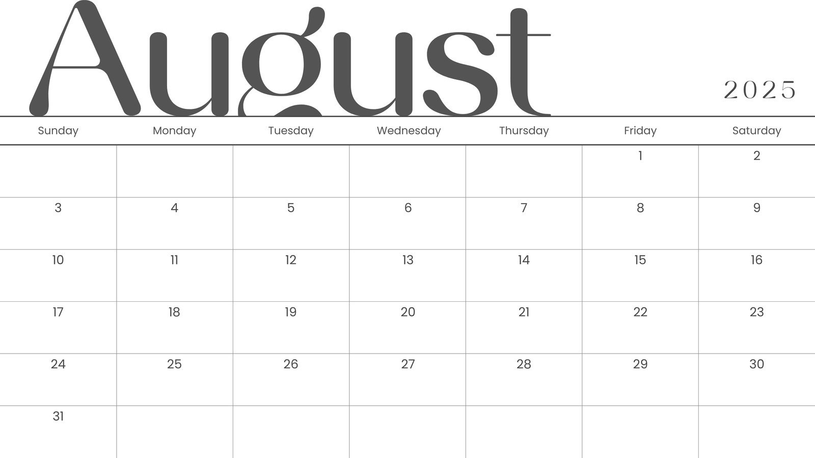 Blank August Calendar 2025