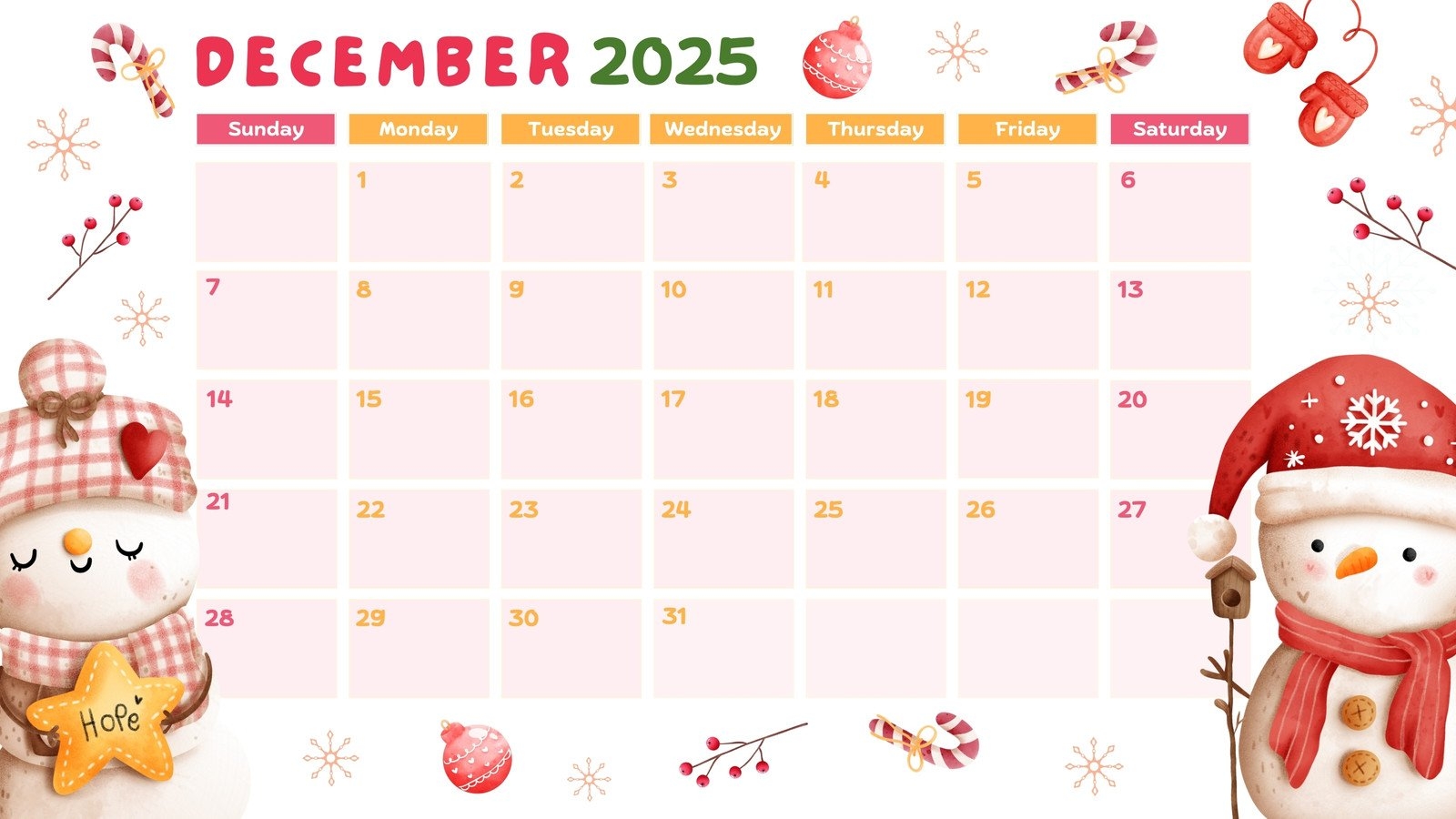 December 2025 Calendar Christmas