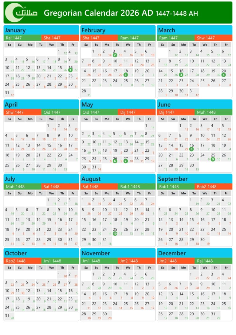Gregorian Hijri Calendar 2026 1447 1448 In Czech Republic