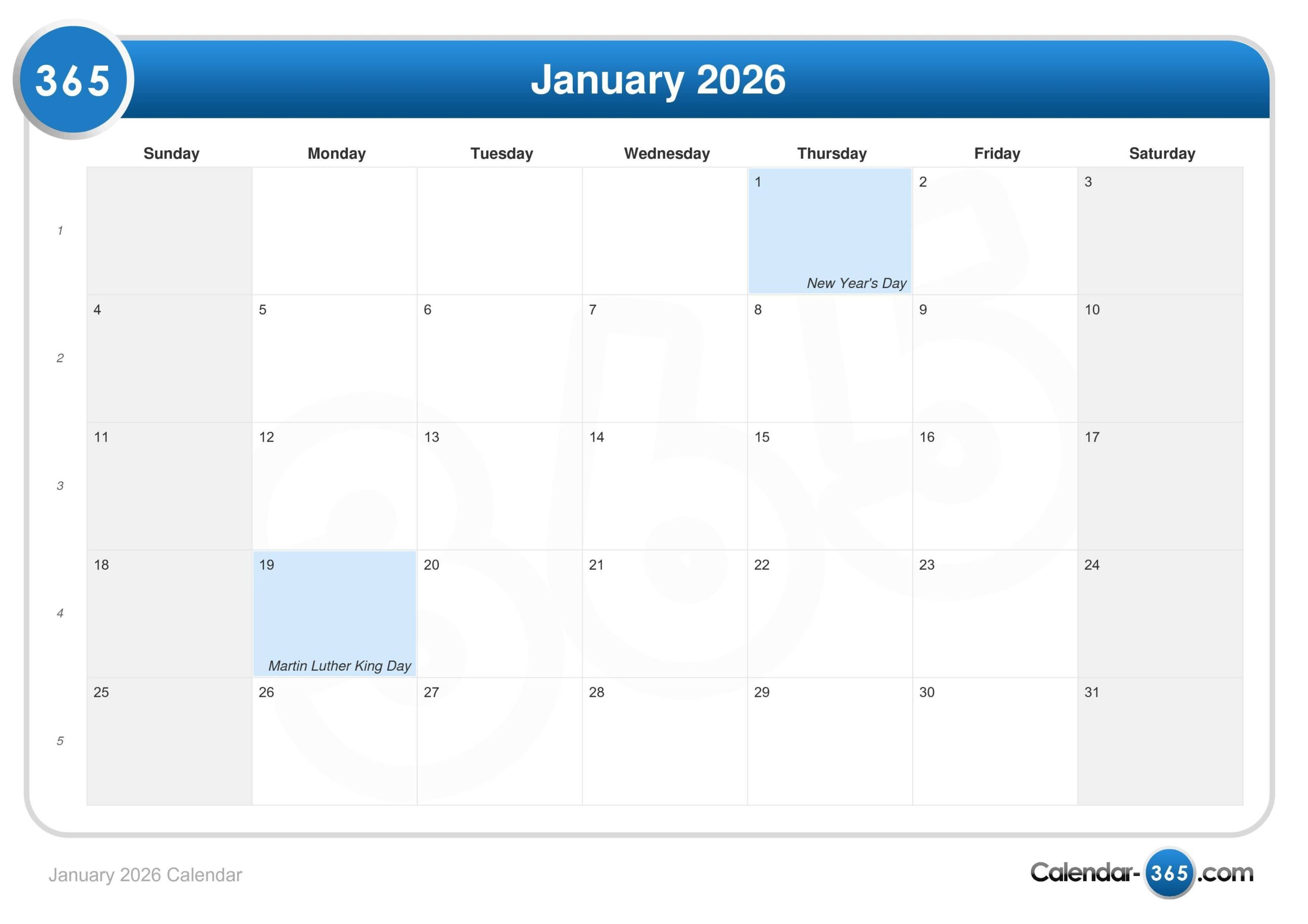 Calendar Days January 2026