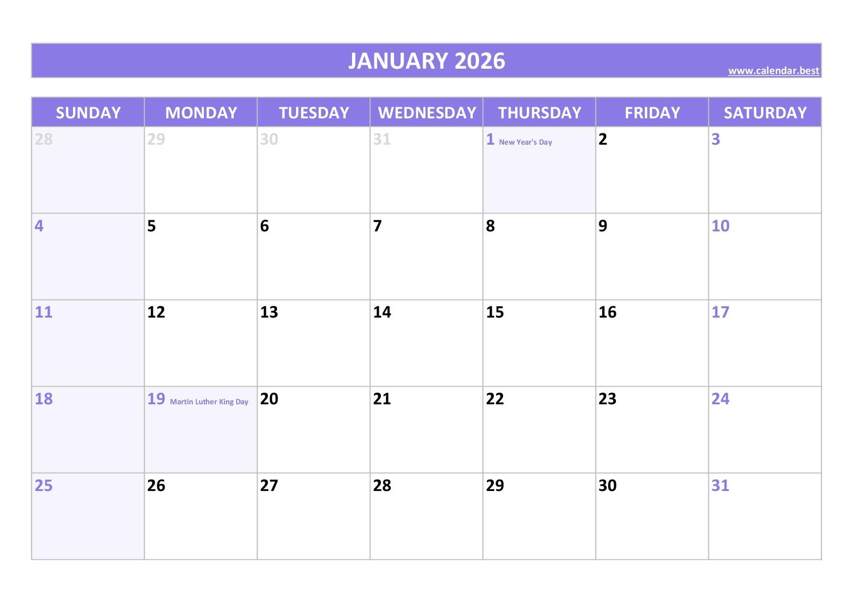 January 2026 Calendar Calendar best