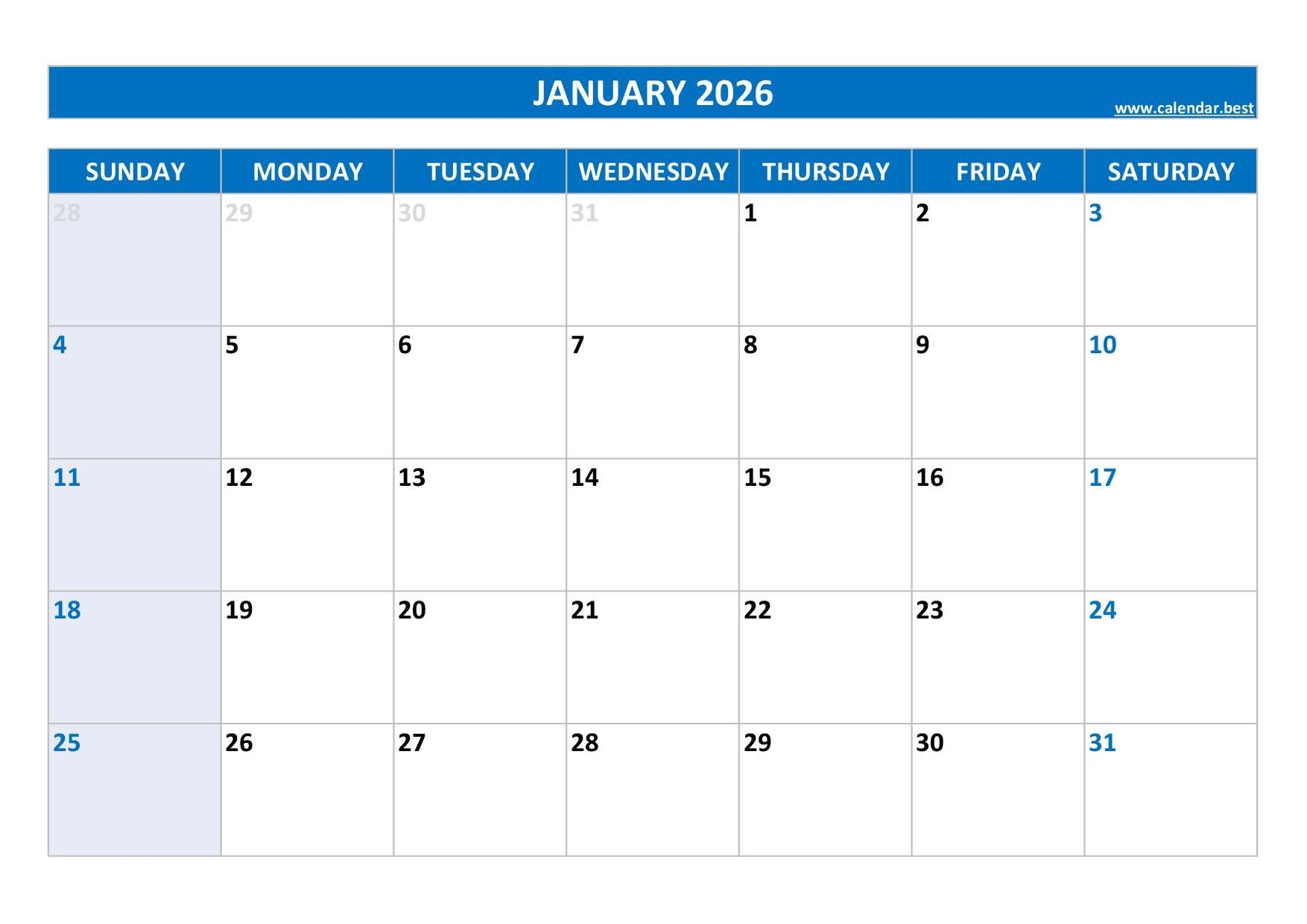 January 2026 Free Printable Calendar