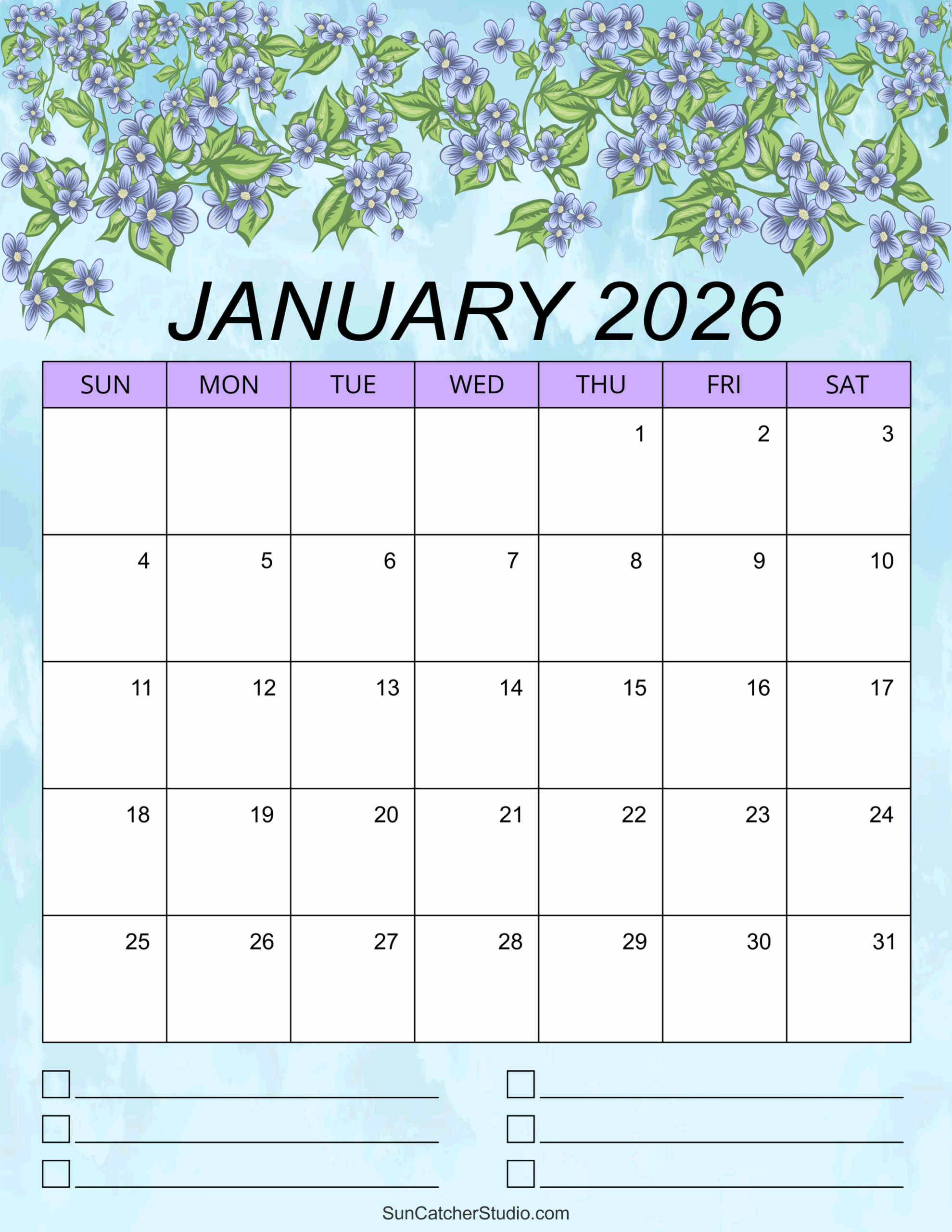 Cute January 2026 Calendar Printable