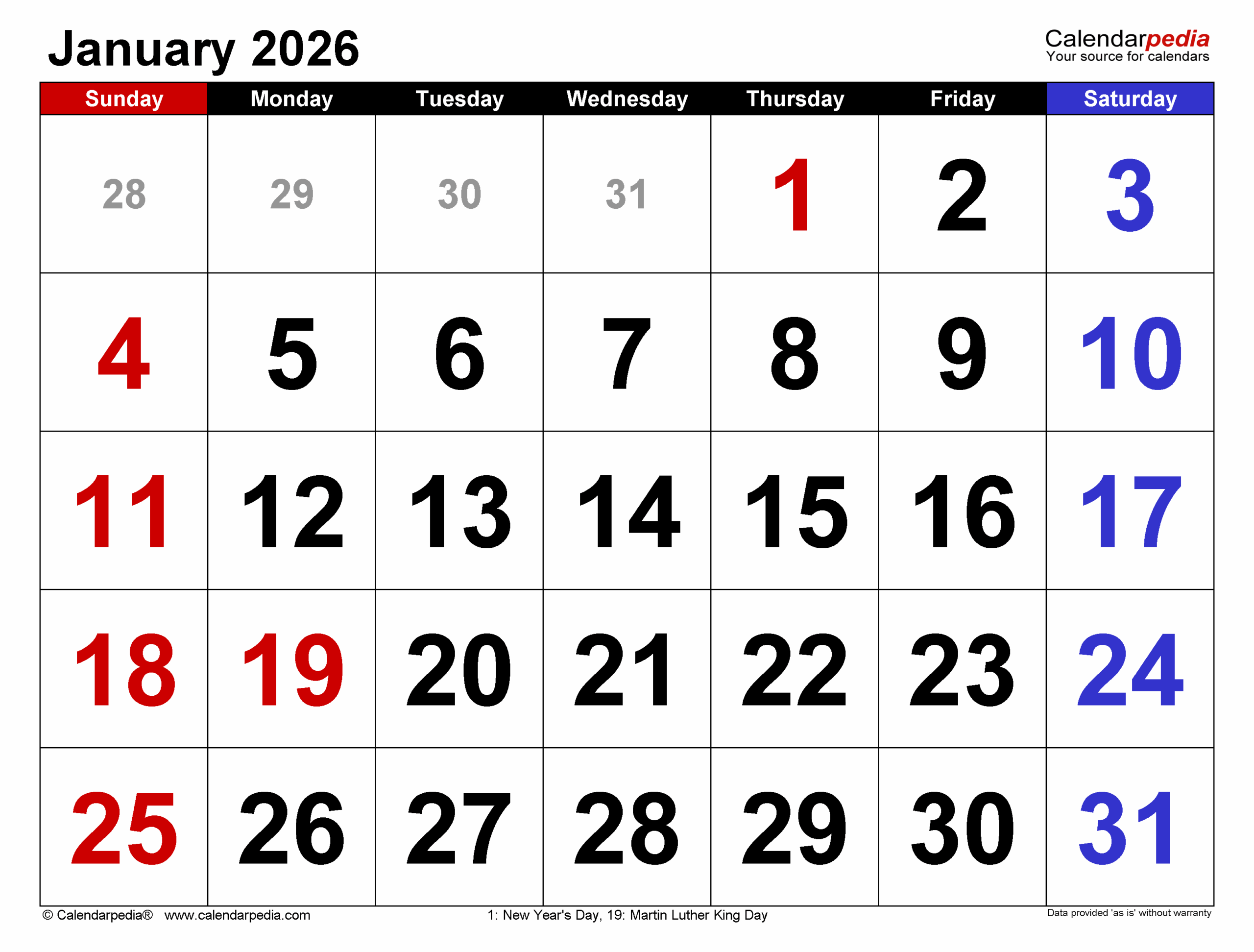 Free Downloadable January 2026 Calendar