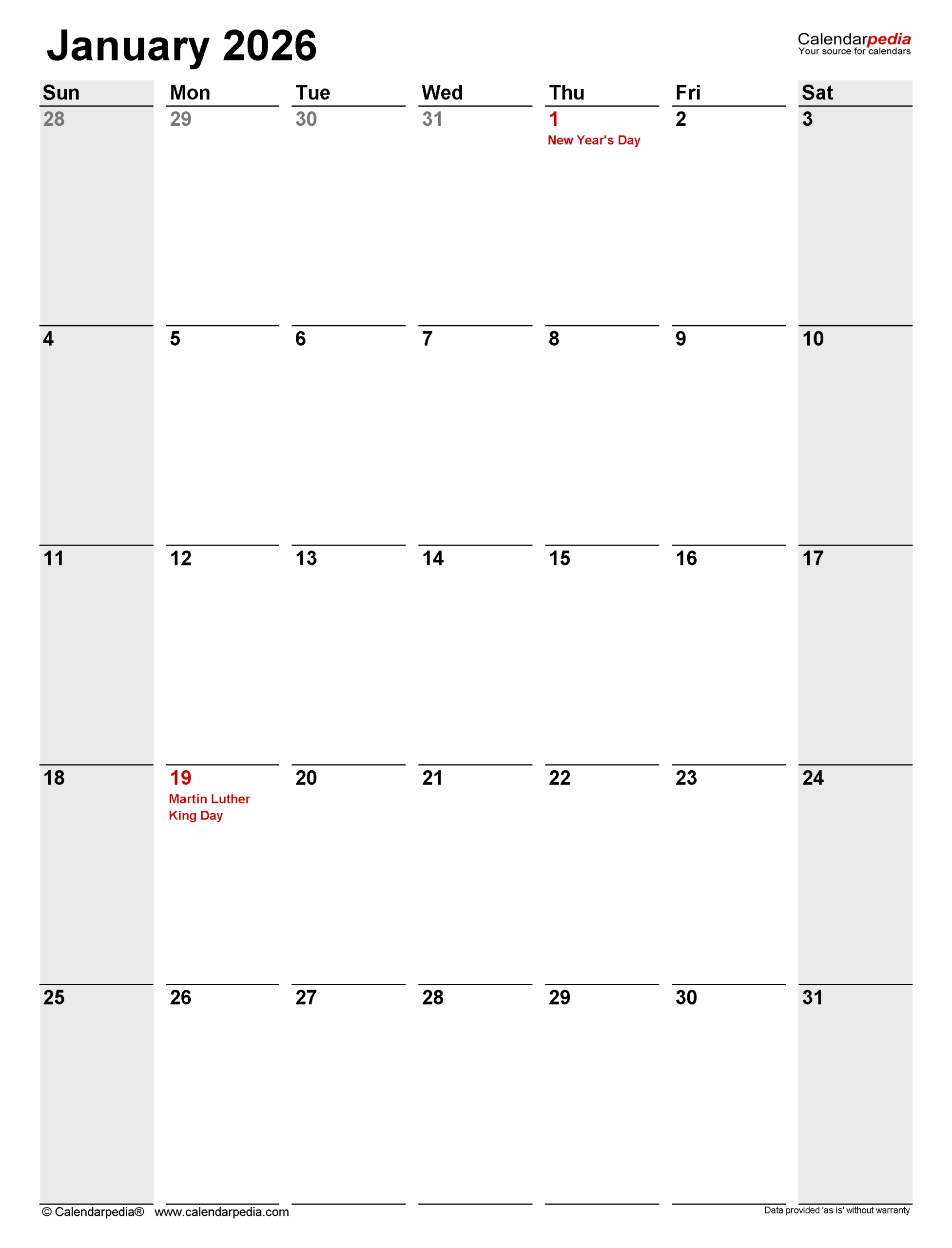 Fillable January 2026 Calendar