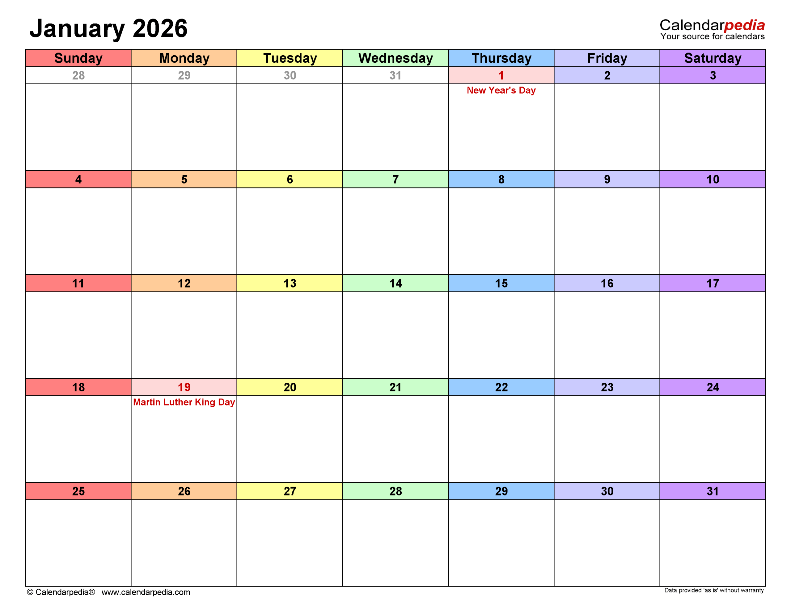 Free Printable January 2026 Calendar Word