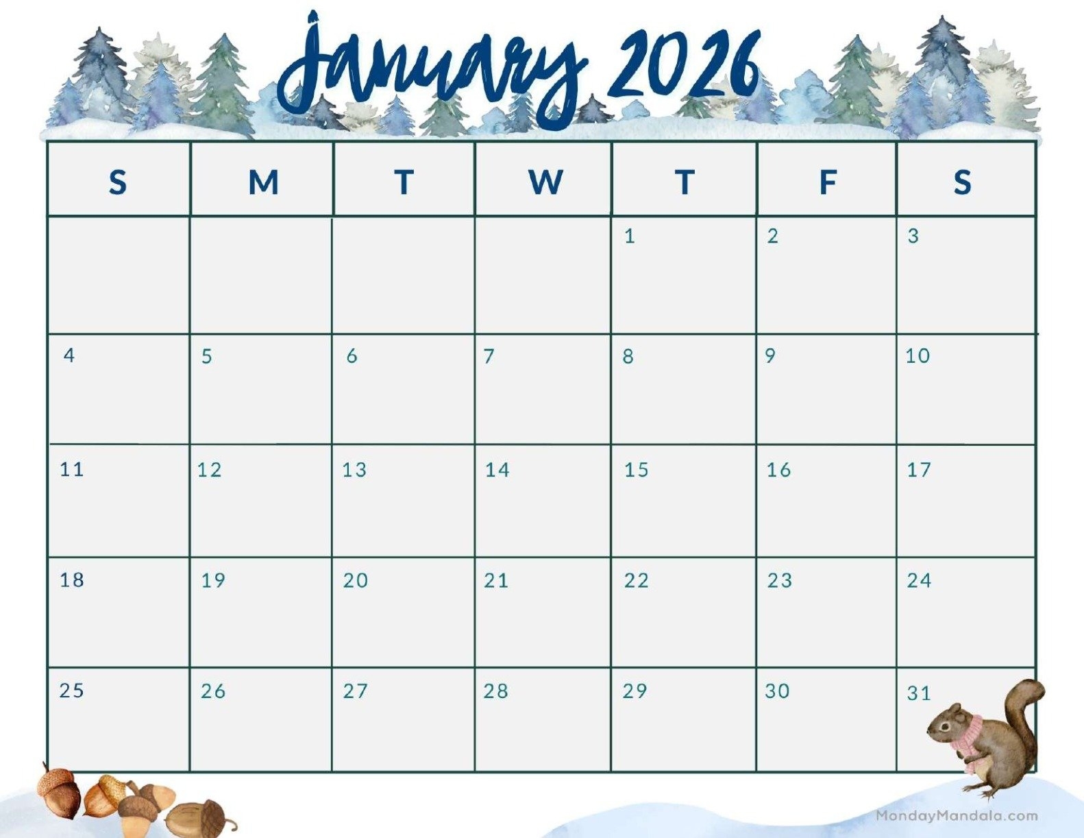 January 2026 Calendar Printable Free