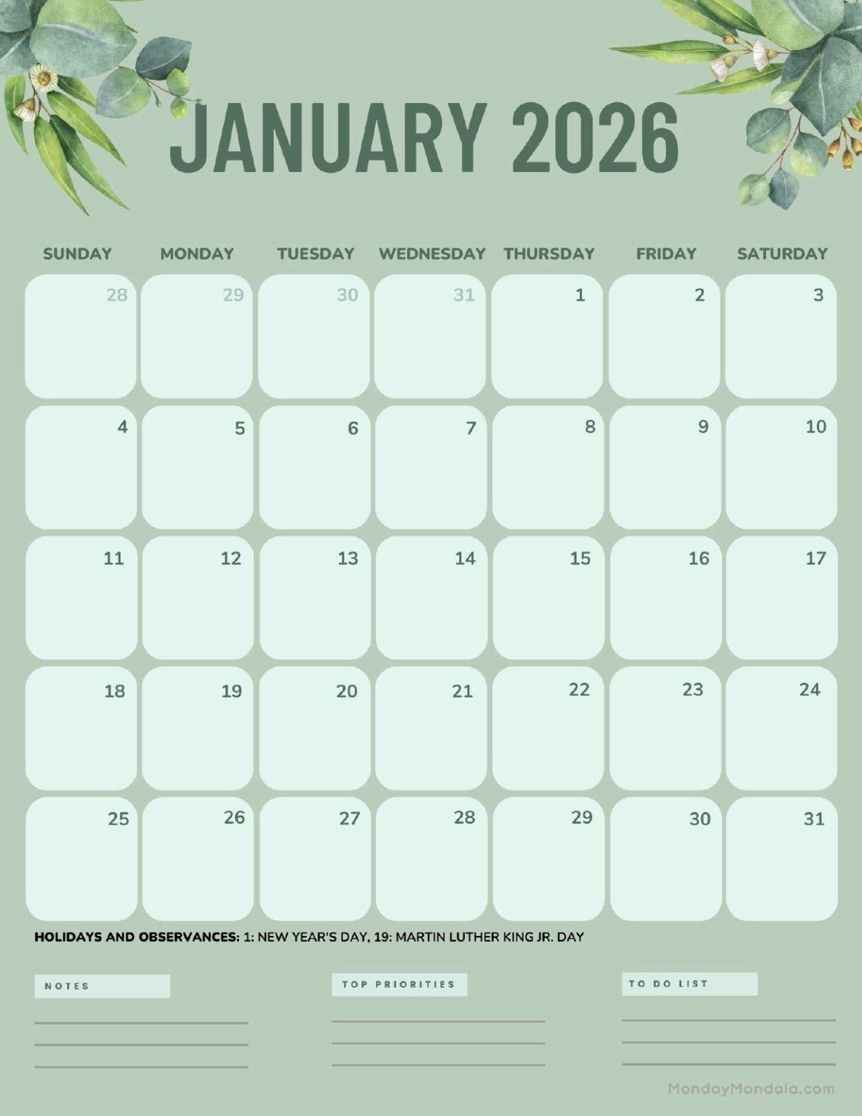 Blank Calendar Pages January 2026