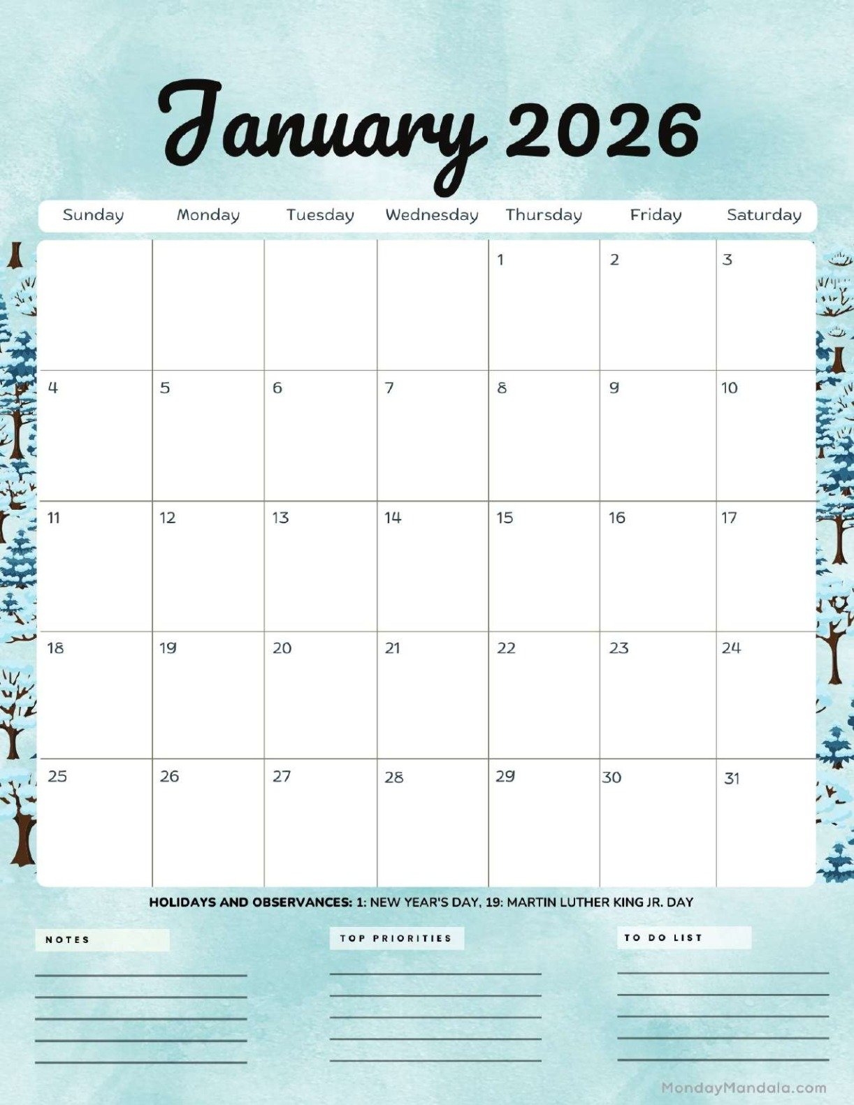 January 2026 Calendars Free PDF Printables