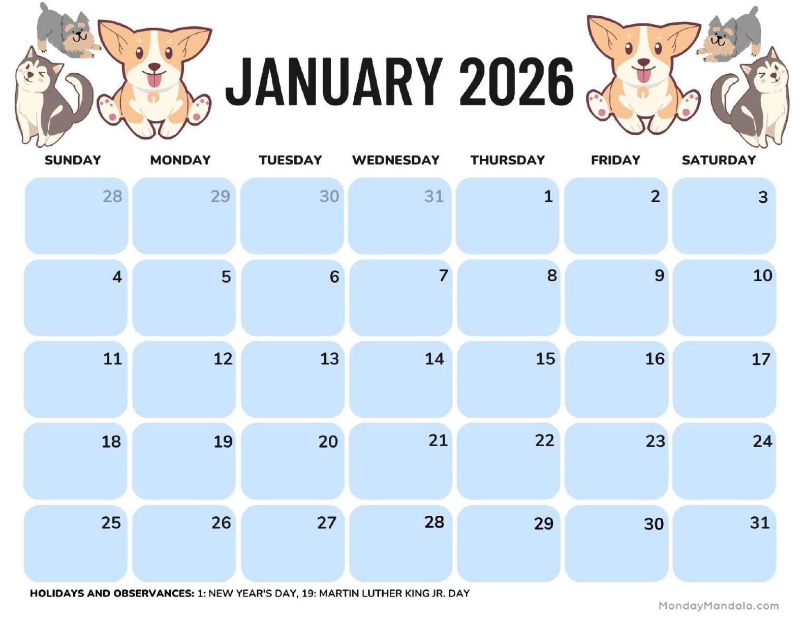 January 2026 Calendar Cute