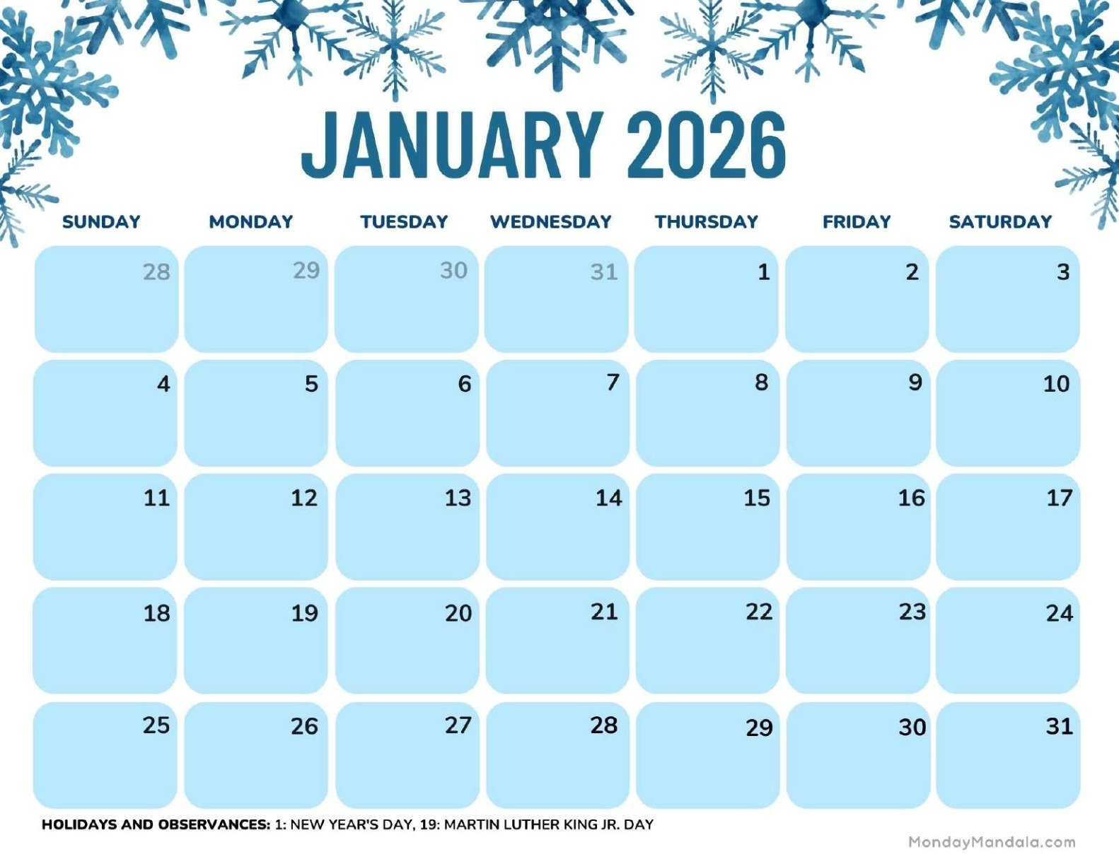 Calendar For January 2026 With Holidays