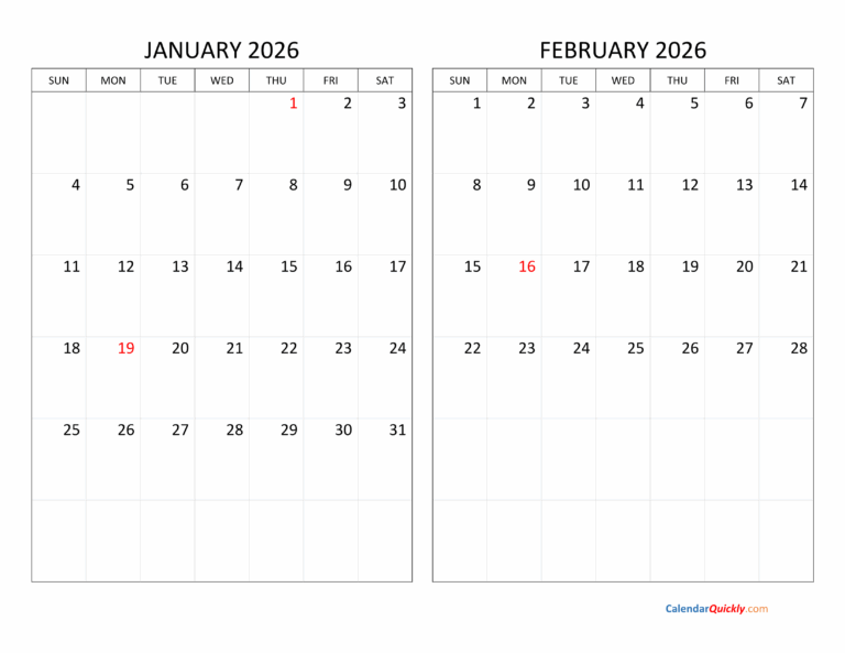 January And February 2026 Calendar Calendar Quickly