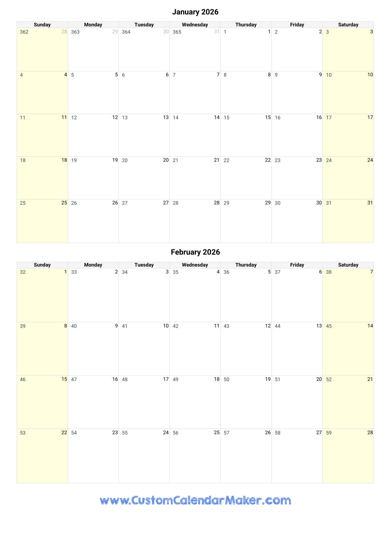 January And February 2026 Calendar Custom Calendar Maker