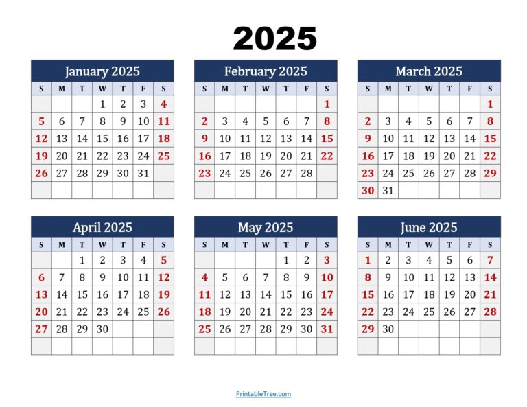 January To June 2025 Calendar Printable PDF Si Months Calendar