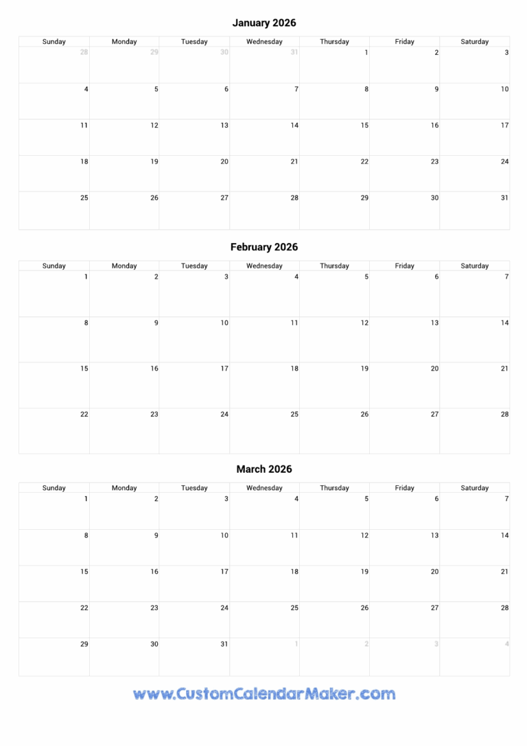 January To March 2026 Calendar Printable Custom Calendar Maker