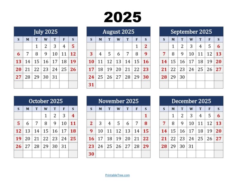 July To December 2025 Calendar Printable PDF Six Months Calendar