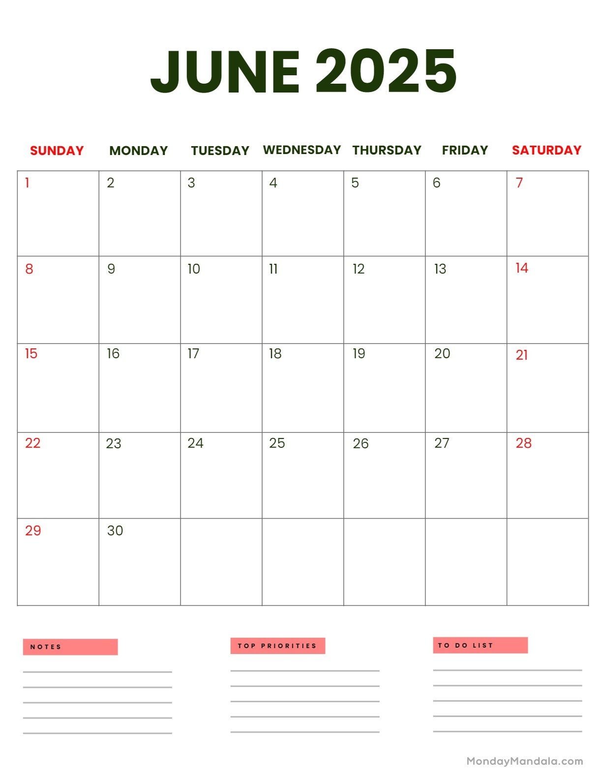 Printable June 2025 Calendar Portrait