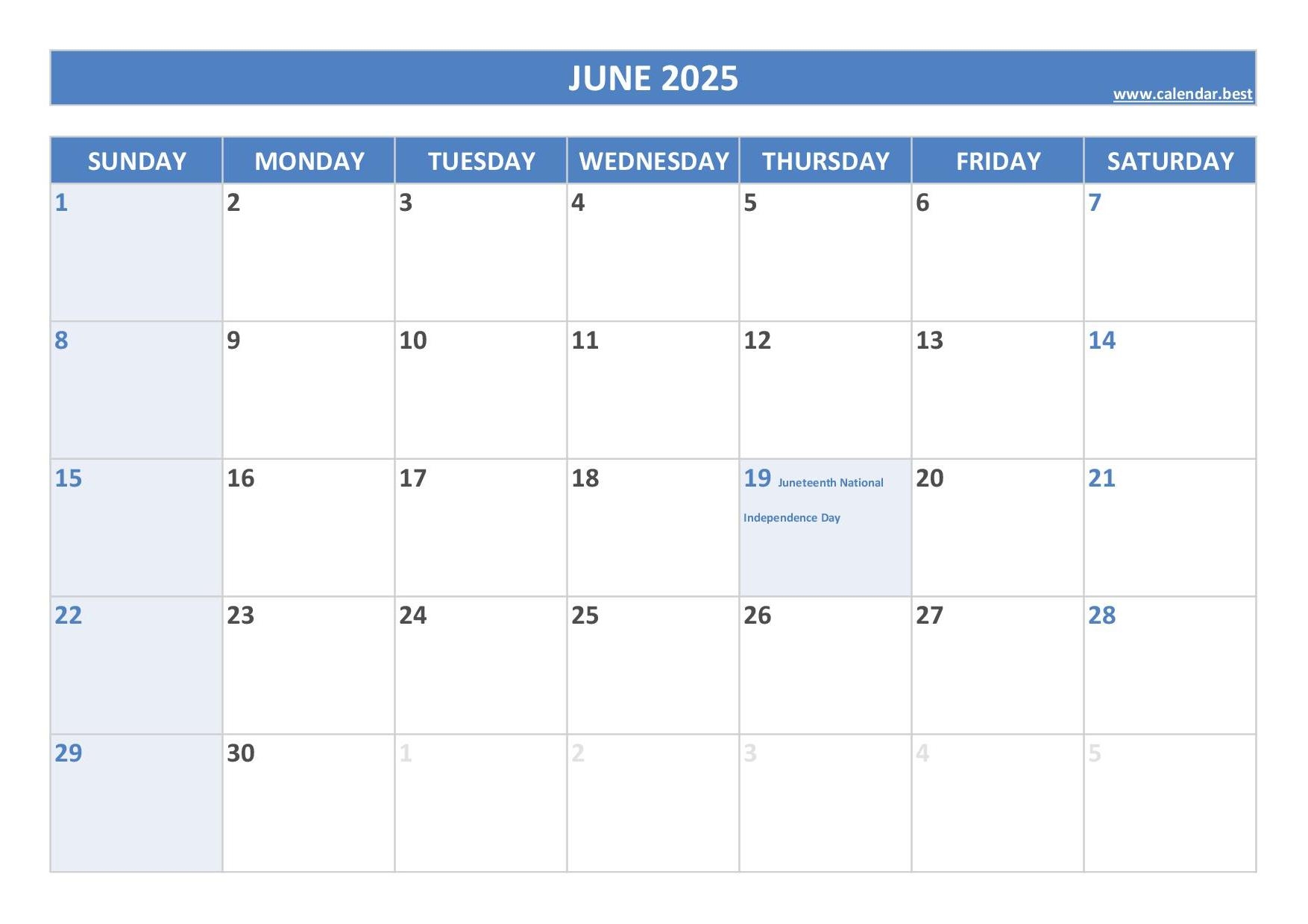 Printable Calendar June 2025 With Holidays