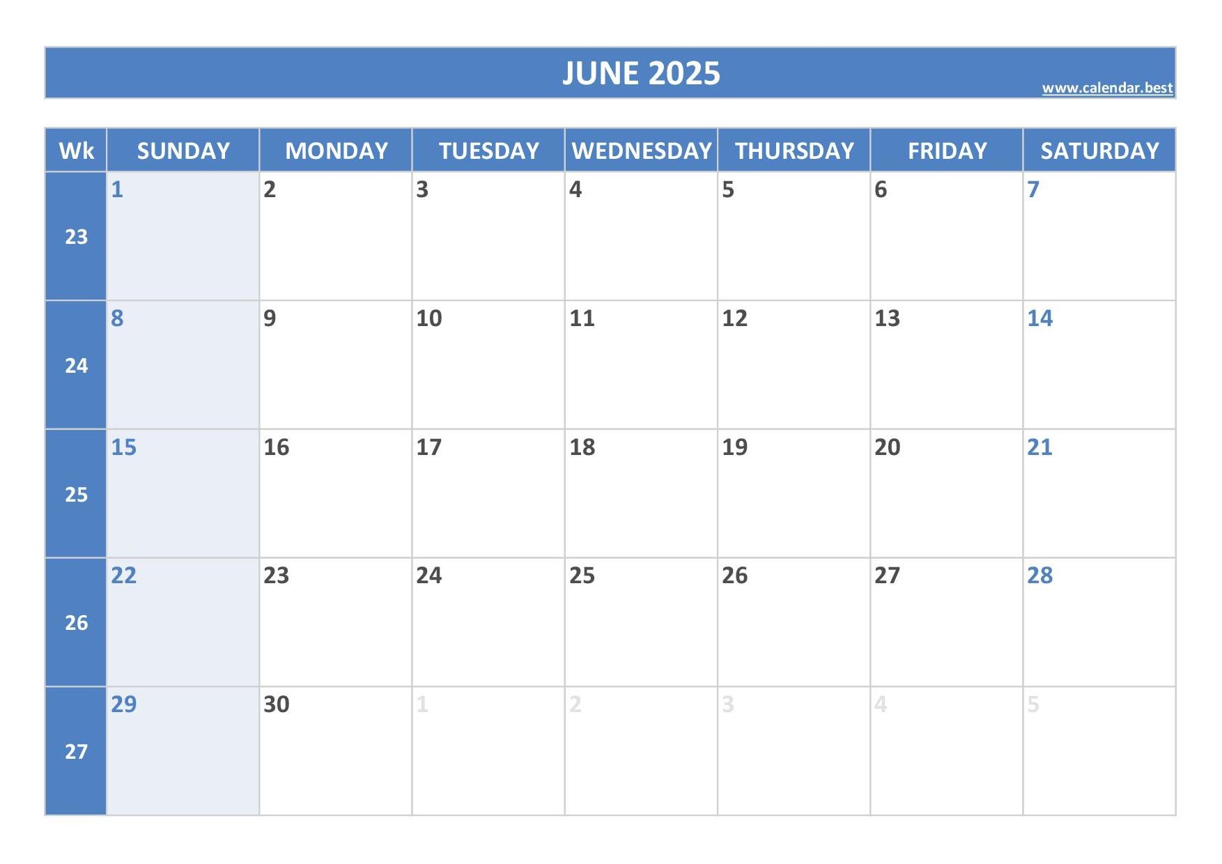 June 2025 Calendar Large Numbers