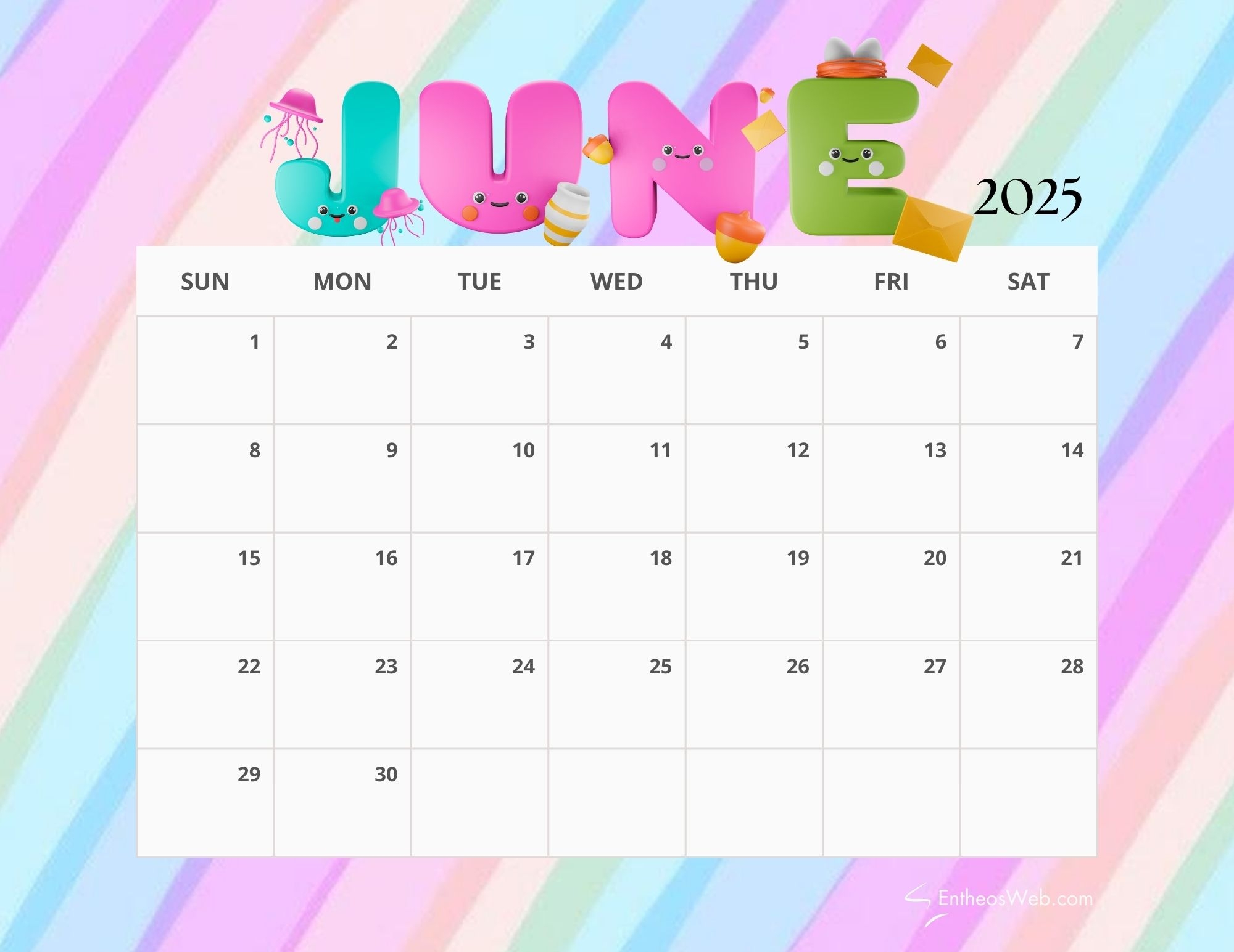 June Calendar 2025 Kids