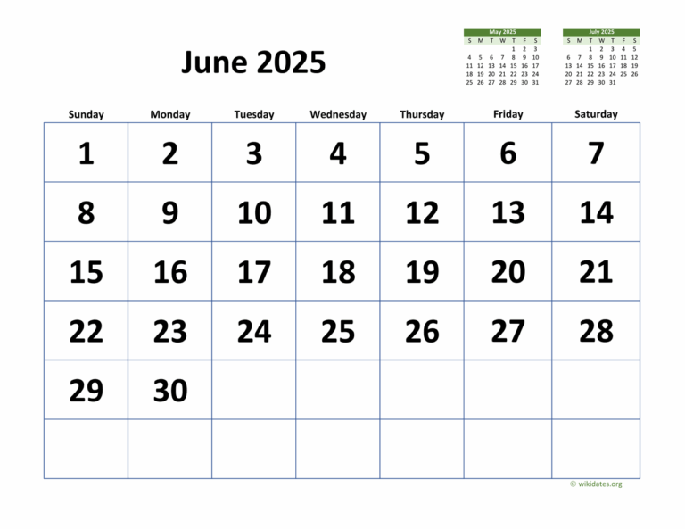 June 2025 Calendar With Extra large Dates WikiDates