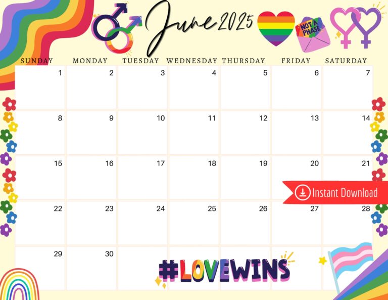 June 2025 Digital Calendar Queer Pride Planner Editable Fillable