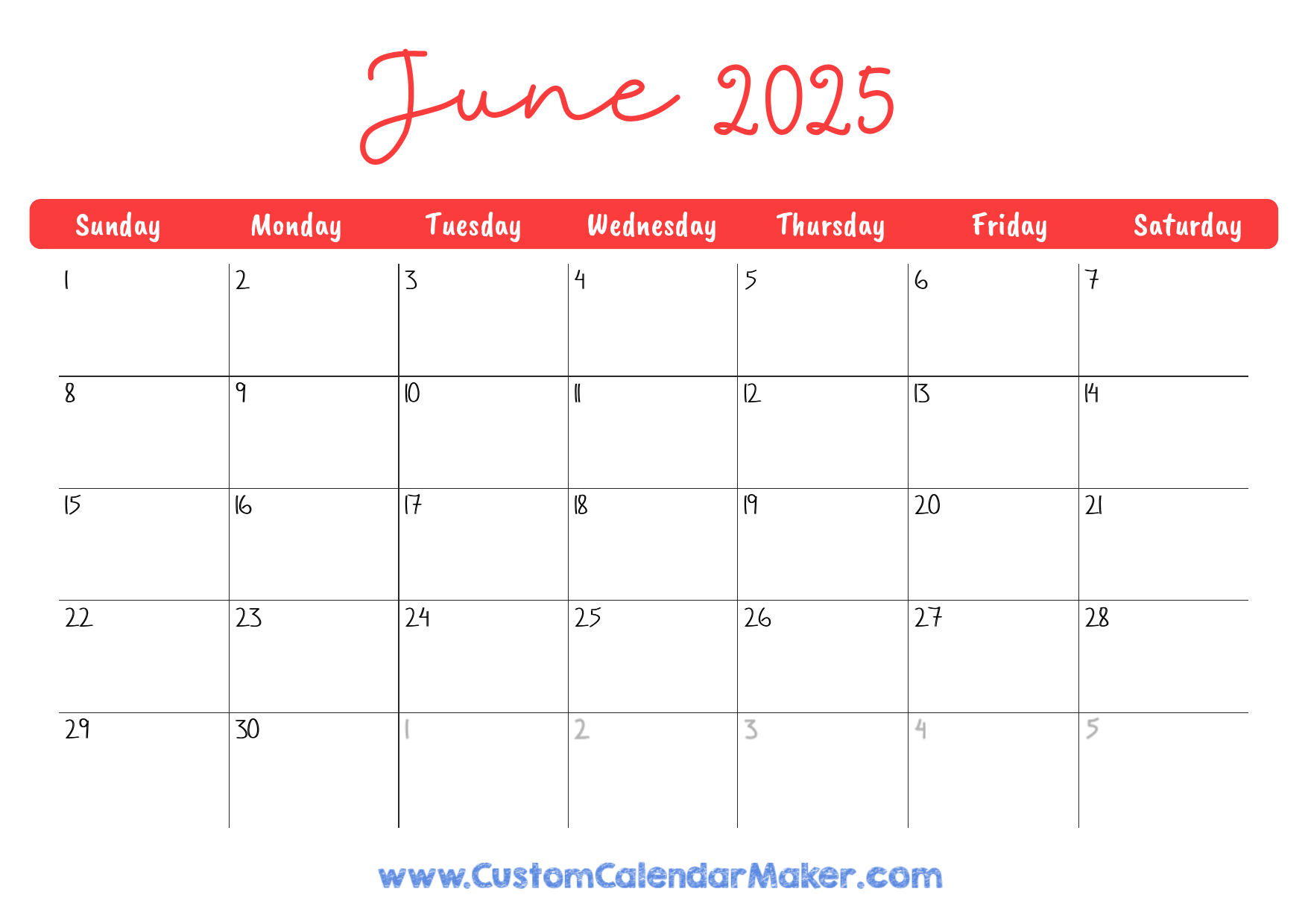 June 2025 Printable Calendar 23 Free Templates PDF Custom Calendar Maker