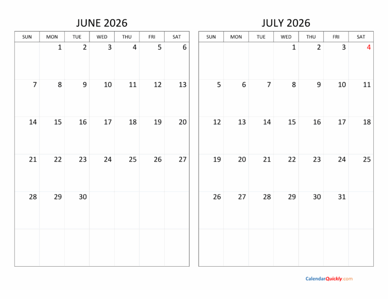 June And July 2026 Calendar Calendar Quickly